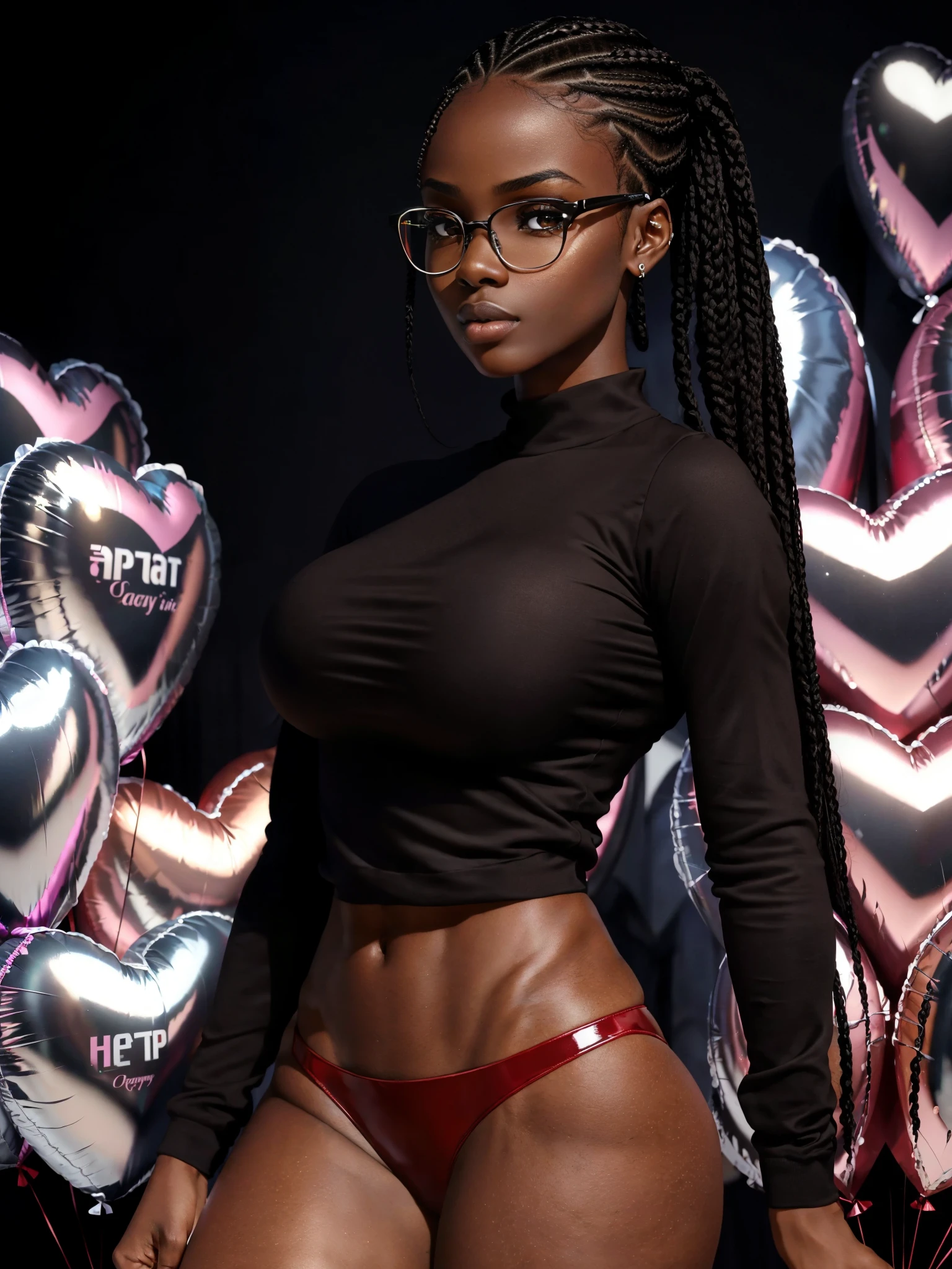 ((ultra high definition)), ((ultra high resolution)), ((ultra sharpness)), ((cinematic)), ((8K)), ((Unreal Engine 5)), ((Ultra Black girl)), ((extremely beautiful)), ((glasses), ((totally realistic)), ((realistic ebony)), ((total fidelity)), ((ultra curvy)), ((front view)), ((big ass and thick thighs)), ((tall)),((ultra detailed face)), ((beautiful forehead)), ((ultra detailed eyes)), ((brown eyes)), ((sexy thick lips)), ((ultra detailed irises)), ((ultra detailed hands)), ((ultra detailed fingers)), (((alone))), (((full body))), ((cool lighting)), ((tiny skin hair)), ((always the same face)), ((repeat always the same face)), ((always the same body)), ((always the same body proportions)), ((wearing a red long sleeve shirt and short black skirt)), ((red heart shaped balloons)), ((valentine celebration)), ((in front of valentine gift shop)), ((alone in the photo)), ((repeat the same clothes)), ((always the same clothes)), ((looking at the camera)), ((fully braided hair)), ((detailed hair)), ((hair tied in pony tail style)), ((black hair)),
