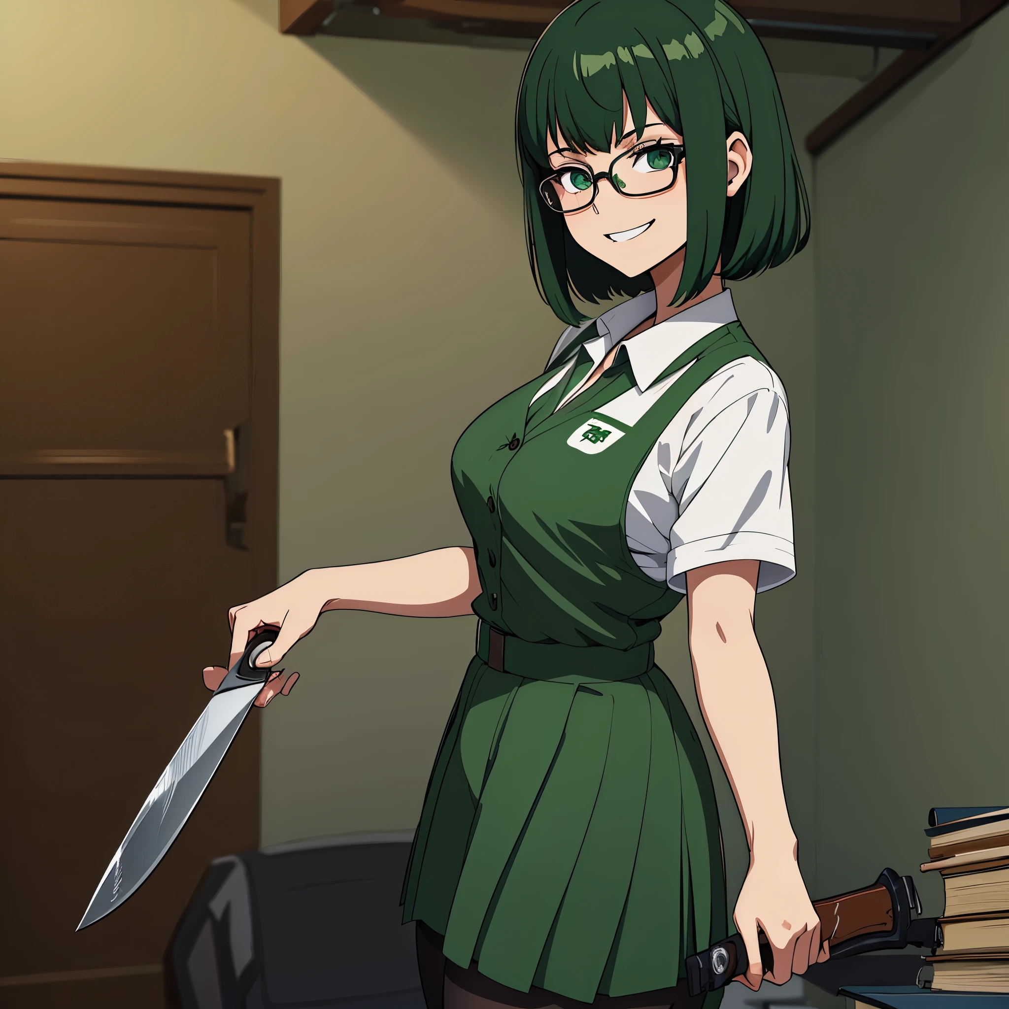 Obra maestra, high resolution, illustration, anime style of a girl with short, dark green hair, her eyes are green and she wears glasses, she wears a  uniform and she is in a basement, smiling in a crazy and macabre way, she has a disturbed look and she is holding a knife.. Uniforme tiene manchas de sangre 