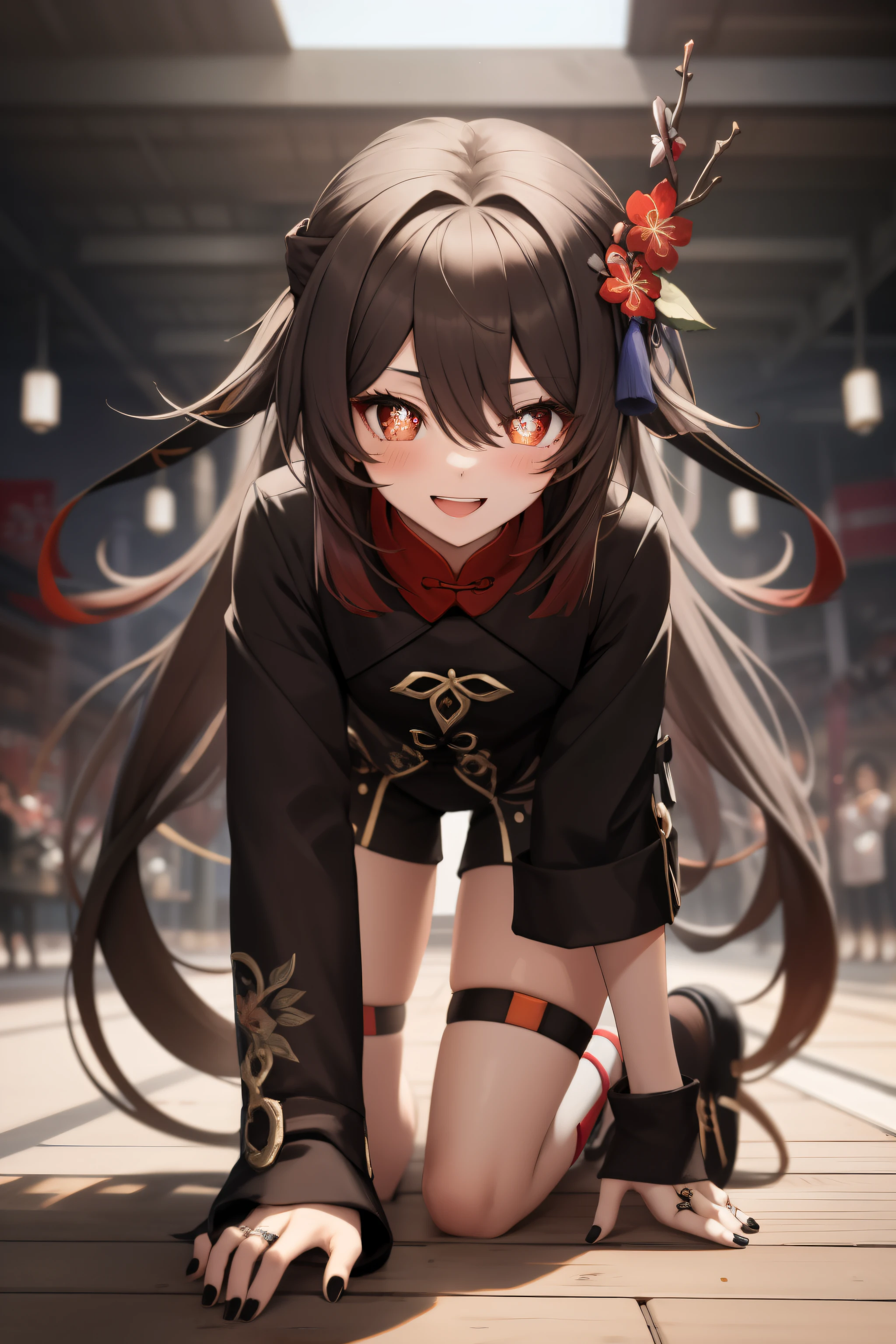 masterpiece, best quality, HuTaoV4, 1 girl, alone, looking at the audience, Symbol shaped pupils, flower shaped pupils, blush, Smile, open mouth, long sleeves, have, jewelry, flower, thigh, shorts, sock, nail polish, black headdress, Chinese clothes, black shorts, ring, on all fours, black nails, have flower,