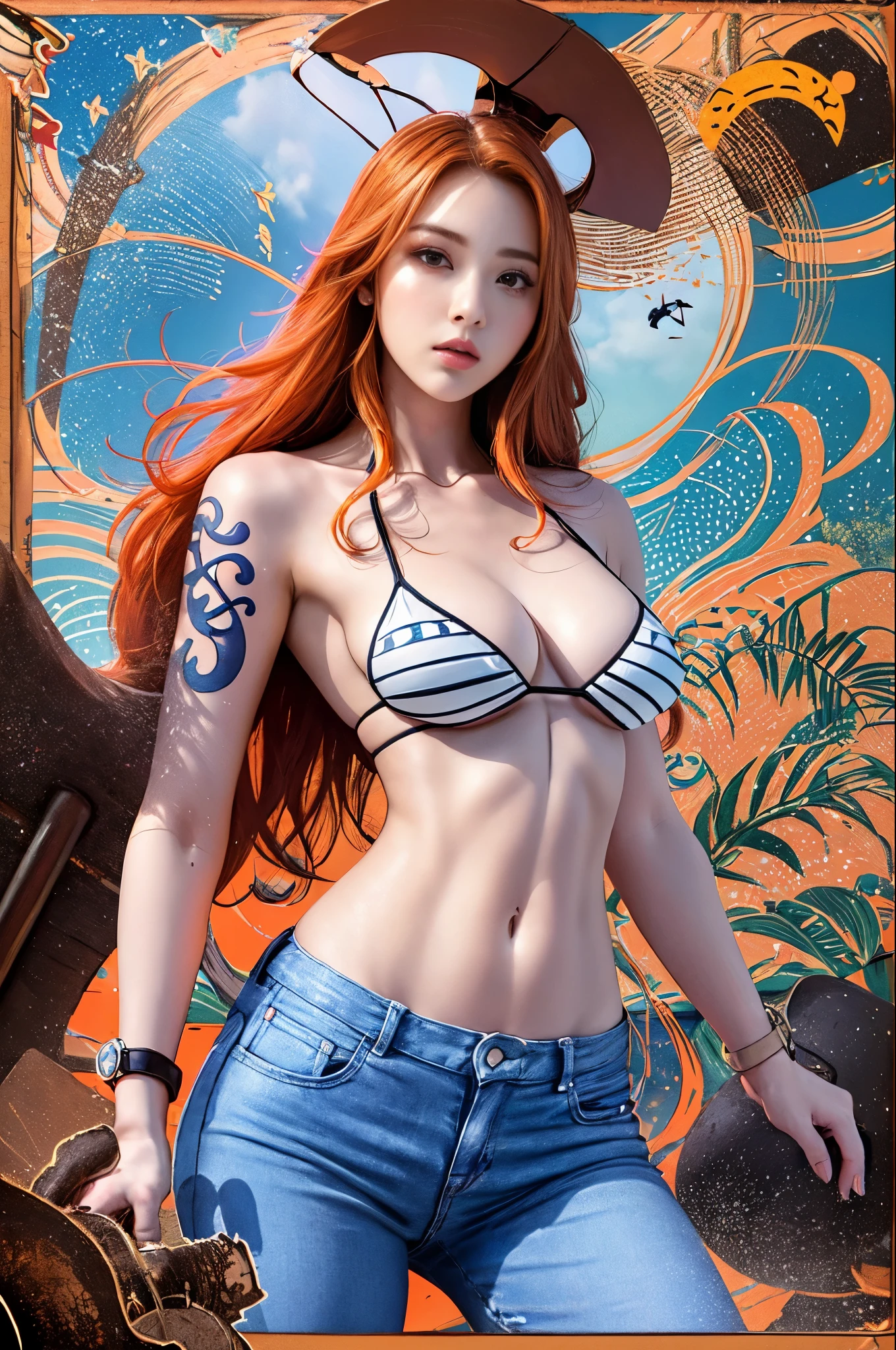 (((masterpiece+highest quality+High resolution+super detailed))), we\(one piece\), long silky orange hair, high nose, clear eyes, noble and inviolable temperament, (([woman]: 1.2 + [beauty]: 1.2 + orange long hair: 1.2)), pirate ship background, (one piece), blue sky, bracelet, Bubble, cloud, denim, pants, shoulder tattoo, bright eyes, dywec angle and posture.