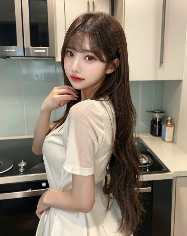 full body photo、(master piece:1.3)、(8K、photorealistic、Live shooting、highest quality: 1.4)、(1 girl)、beautiful face、(real-looking face)、(brown hair、long hair:1.3)、beautiful hairstyle、realistic eyes、beautiful details、(realistic skin)、beautiful skin、Charm、ultra high resolution、Super realistic、High definition、golden ratio,An arafi woman standing in the kitchen with her arms on the counter, Bae Suzy, korean girl, With bangs, long straight bangs, with full bangs, long hair With bangs, cute korean actress, long hair with full bangs, brown long hair With bangs, korean female fashion model, straight bangs, beautiful korean woman, Nam Jae Young