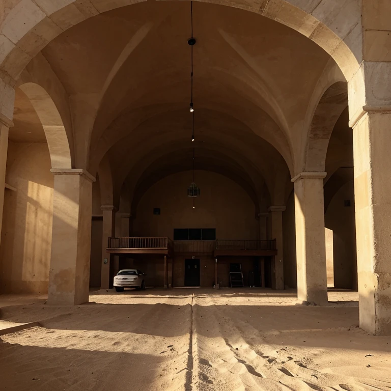 edge lighting, background lighting, Amazing architectural details, complete structure of the building, (ar livre), Q version cartoon style, (Dilapidado, deserto), (Carriage Factory)