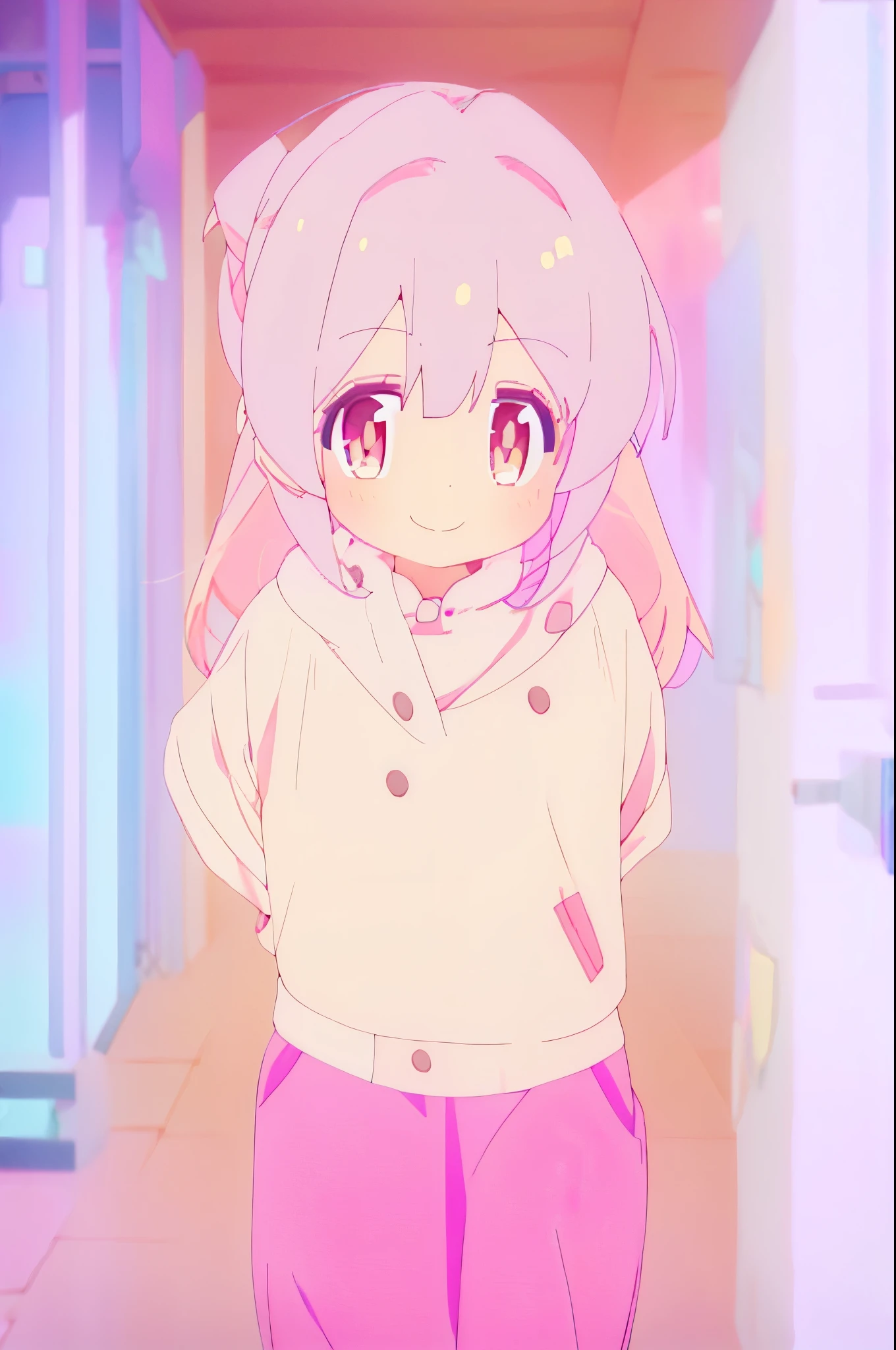 1girl, smile, anime style, pink-white hair,
