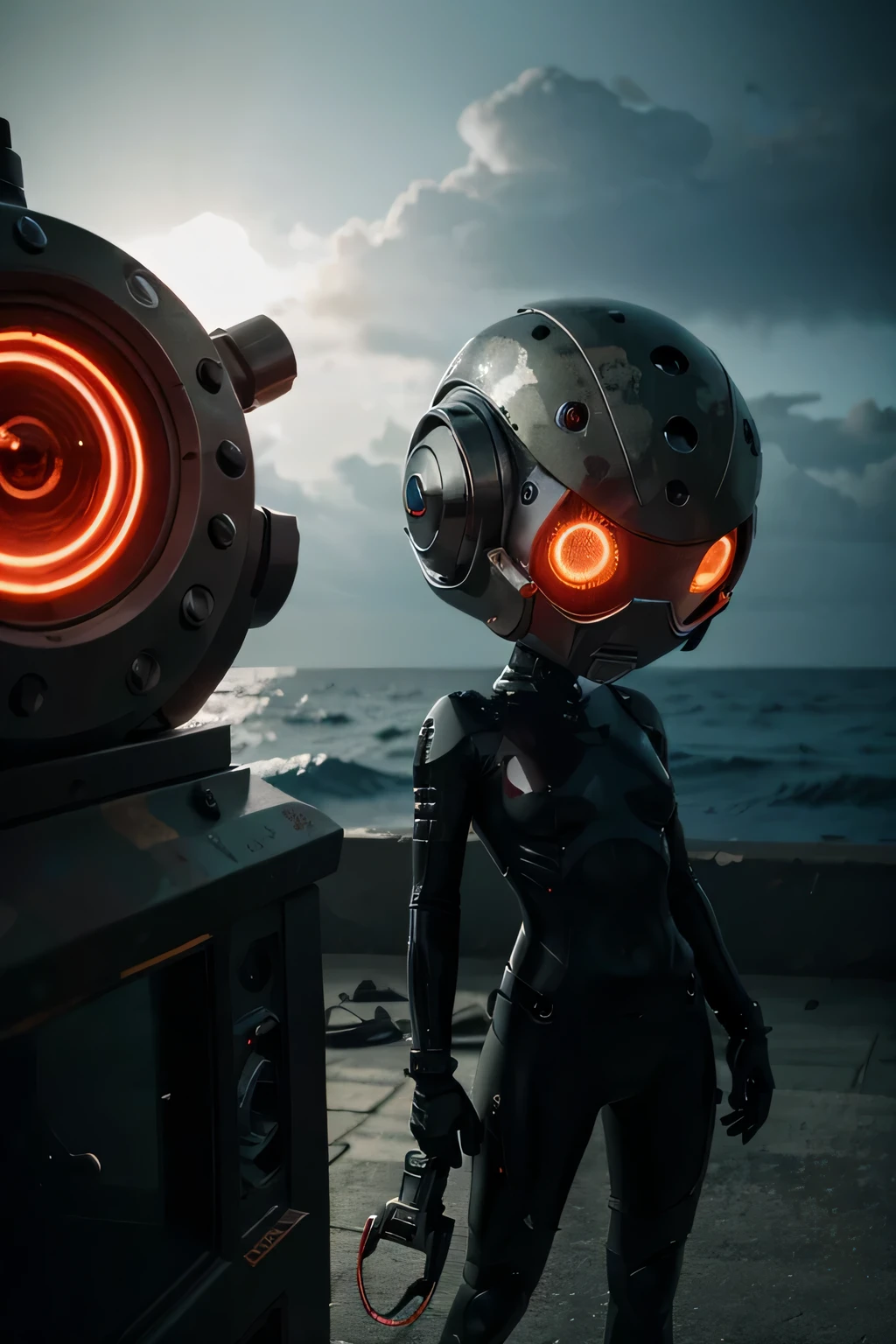 Un dibujo animado plano moderno Loco con un Big ONE, un robot con un solo ojo y un estilo de casco., pinzas en las manos, television head, cabeza de alfiler, camuflaje rojo oxidado, Super detailed ocean environment., centro, hermoso, soft lighting, centrado en el personaje, 4k resolution, renderizado fotorrealista.