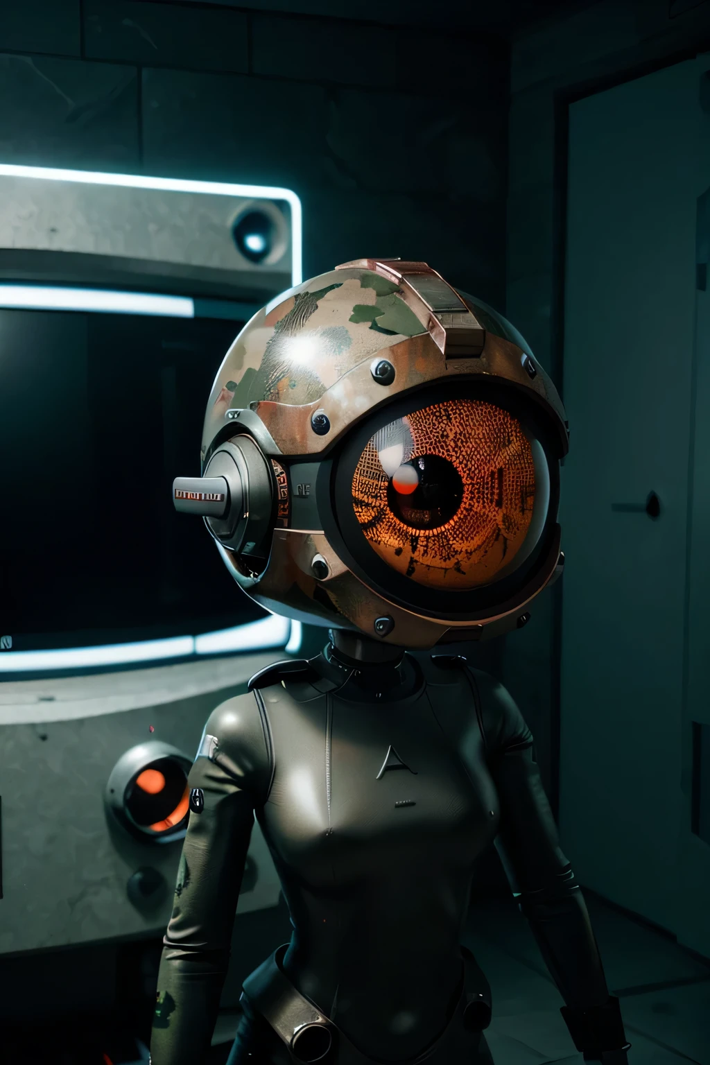 Un dibujo animado plano moderno Loco con un Big ONE, un robot con un solo ojo y un estilo de casco., pinzas en las manos, television head, cabeza de alfiler, camuflaje rojo oxidado, Super detailed ocean environment., centro, hermoso, soft lighting, centrado en el personaje, 4k resolution, renderizado fotorrealista.