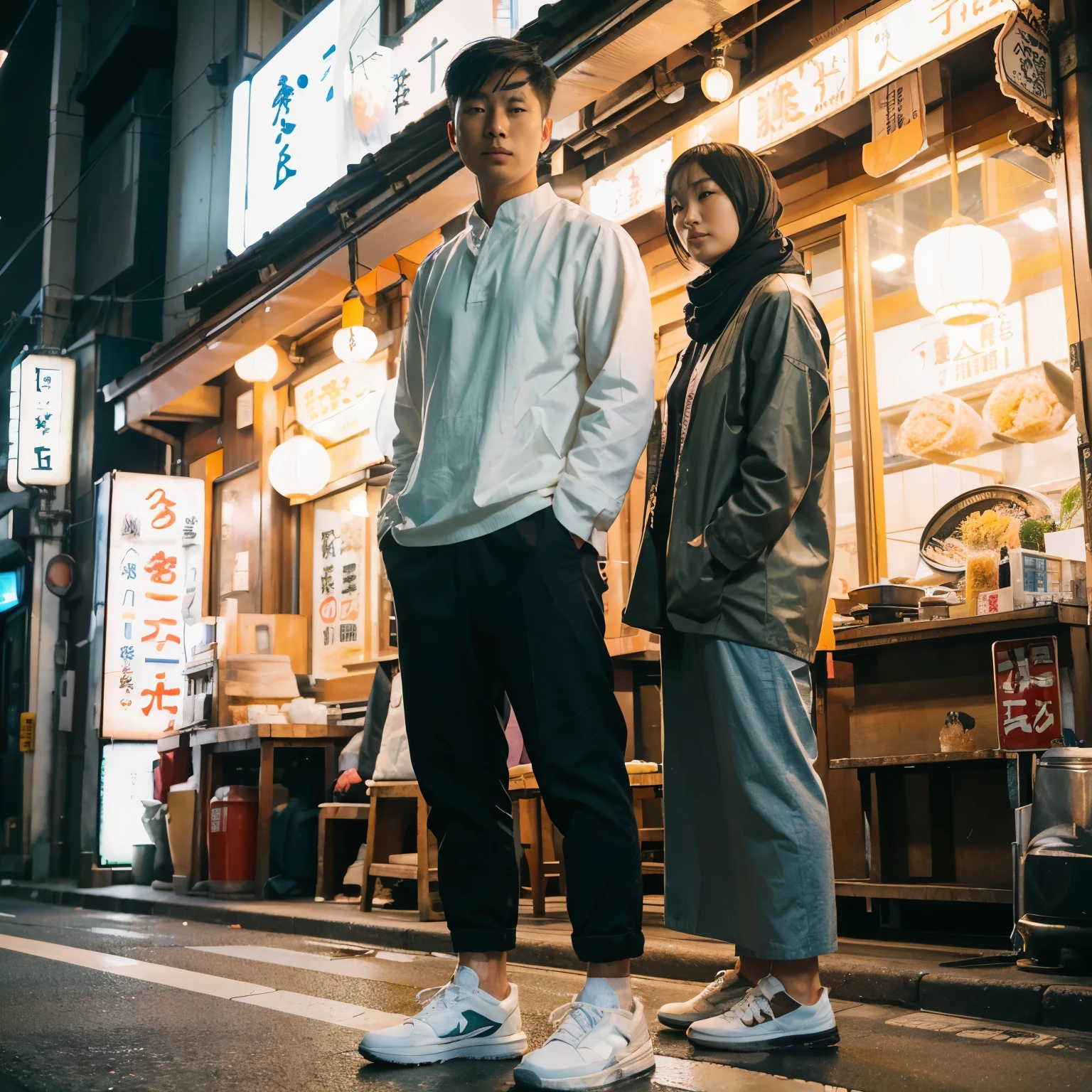 
an asian man with undercut hair wearing white shoes standing in front of an asian restaurant at night with an asian woman wearing tunic hijab, in front of a ramen shop, japanese street aesthetic, tokyo izakaya view, in a quiet japanese city at night, japanese neon sign, Japanese streets, on the streets of Tokyo, downtown Japan, Tokyo Japan, on the streets of Tokyo, realistic image, low angle shoot, friendly face looking at the camera