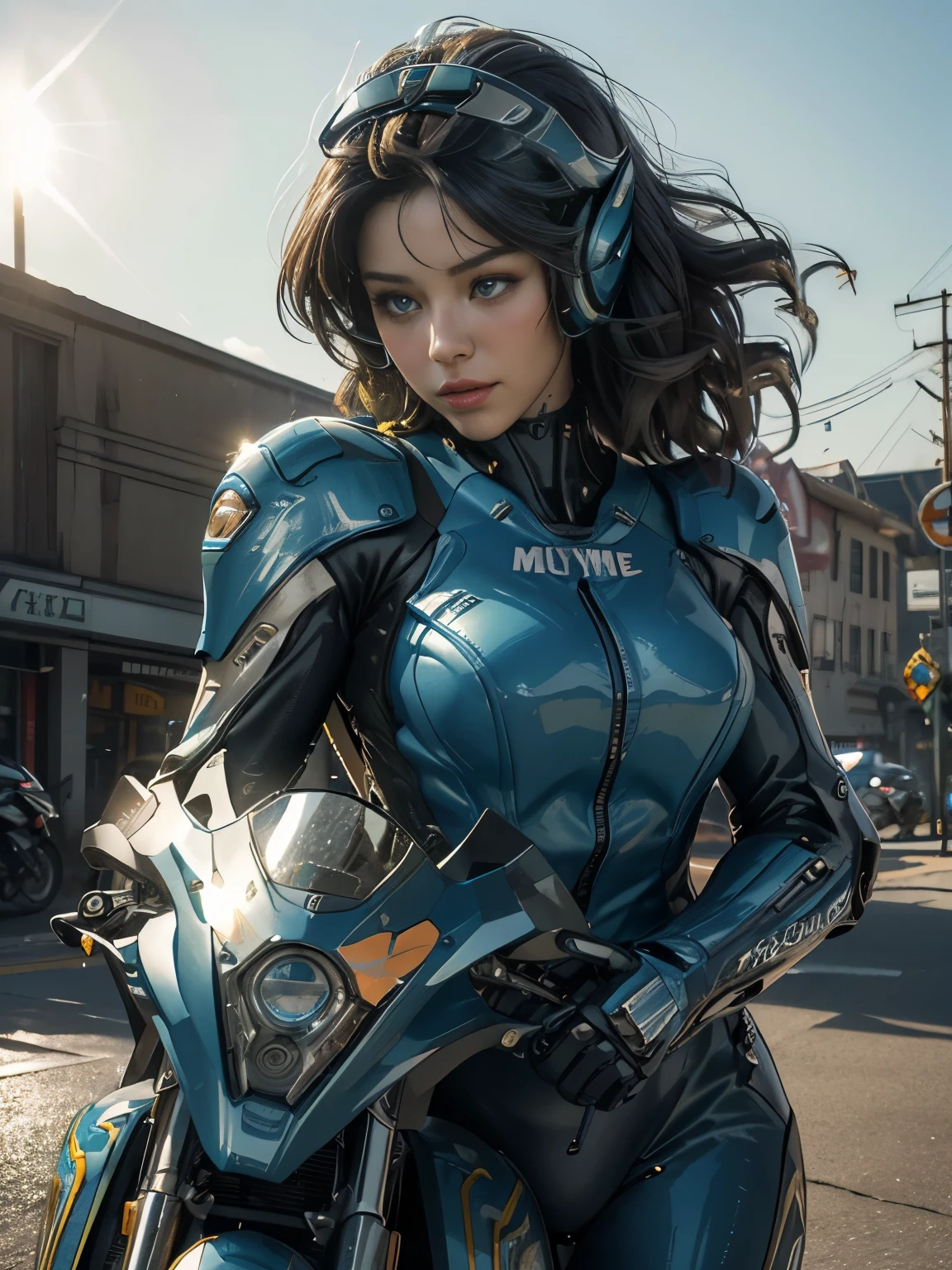 25 year old colossus style woman,(((A woman with a mechanized body))), Slime, dynamic podium: 1.3), (realistic:1.5), (realistic:1.4), 8k, Super detailed beautiful girl, 1 girl, (a sunny day:1.5), intricate body details, (short: 1.3), (highest quality: 1.0), (Super high sharpness: 1.0), (fine hair:1.4),(Beautiful and delicate depiction of eyes),(((ride a motorcycle:1.4))),unreal engine:1.4,photorealistic:1.4, skin texture:1.4, masterpiece:1.8,highest quality at best,(Wearing the communication headset、future city、blue body