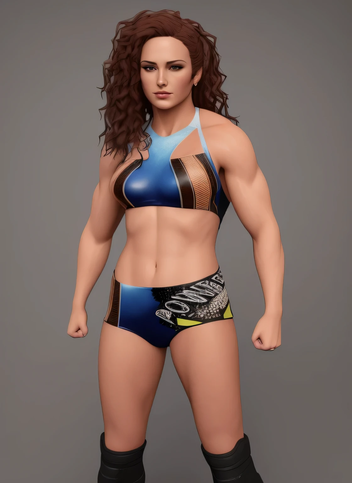 ((masterpiece, best quality)), woman in a wrestling outfit posing for a picture, tanny skin, female lead character, cel shaded pbr, female character, fully body portrait, posing for a fight intricate, mid 2 0's female, lucio as a woman, hand painted textures on model, barbara hammer 4 k, female full body, fully body photo, octante render, photo realistic, intricate details
