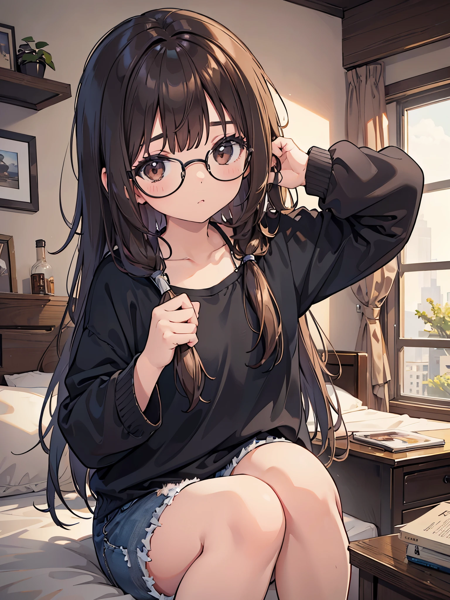 1 woman、brown hair(long)、brown eyes、black round glasses、 best quality、Super detailed、8K resolution、Raw photo、muste piece、seductive 、gorgeous face、perfect body、Bedroom、camisole、shorts