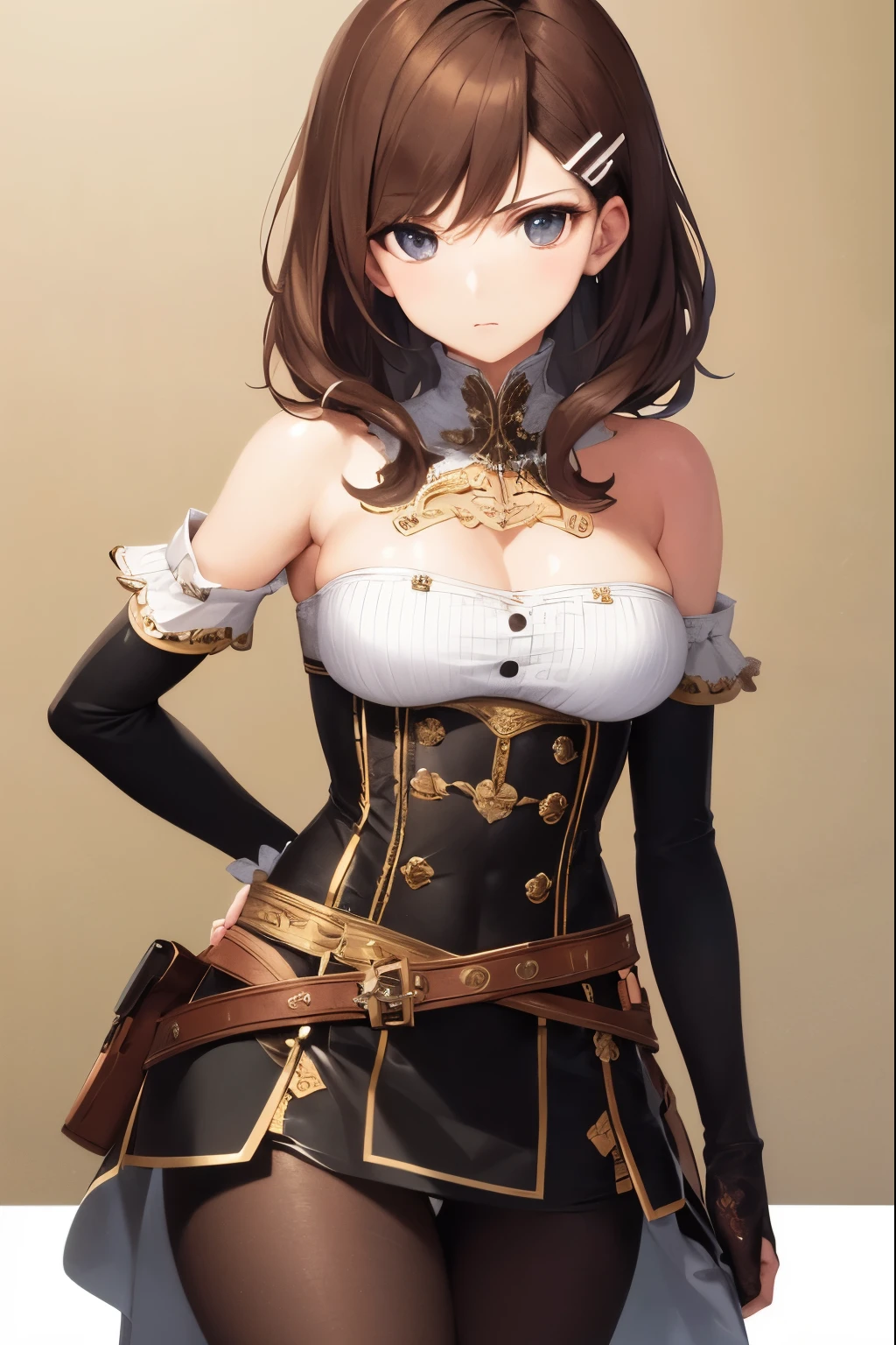 masterpiece,highest quality,Super detailed,8k,expensive,woman,medium hair,wavy hair,brown hair,hair clip,brown shoulders only,removed sleeve,belt buckle,black tights,strapless,I really like it,Pause(hands behind one&#39;s back、Staring eyes)