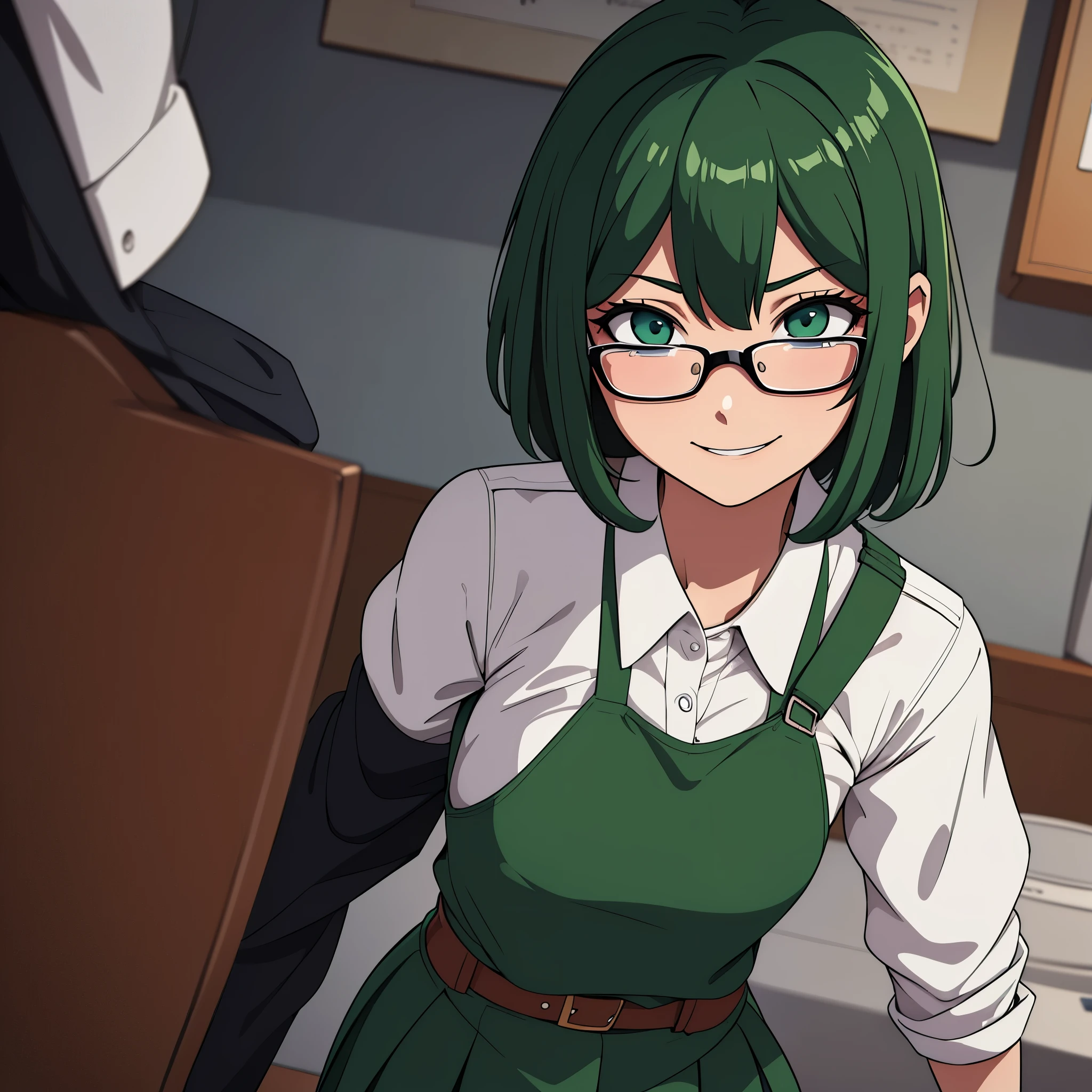 Obra maestra, high resolution, illustration, anime style of a girl with short, dark green hair, her eyes are green and she wears glasses, she wears a  uniform and is in a basement smiling in a crazy and macabre manner, she has a disturbed look and holds a knife, her uniform has red stains 