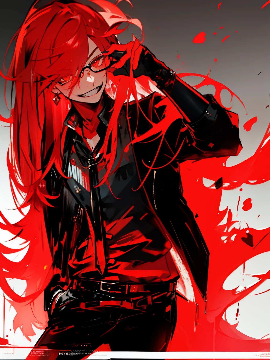 (best quality,4k,8k,highres,masterpiece:1.2), ultra-detailed,HDR, UHD, studio lighting, ultra-fine painting, sharp focus, physically-based rendering, extreme detail description, professional, vivid colors,male,long hair,swept bangs,blood red hair,black jacket,black glasses,red gloves,black tie,solo,male,grin,gradient_eyes,carmen eyes,night,Put right hand in pocket,Hold glasses with left hand