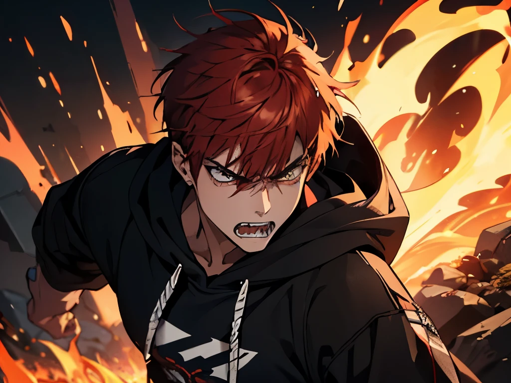 A boy, sharp teeth, angry, short auburn hair, fire, intimidating, furious, manly, hoodie