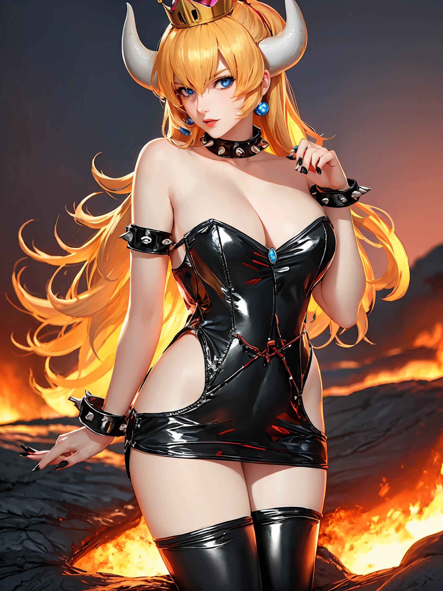 ((high detailed, best quality, 4k, masterpiece, hd:1.3)), ((best quality)), (((HD))), (((8k))), (ultraDH), (ultra HD), Princess Daisy, blue eyes, BREAK blue eyes, seductive, attractive, smooth anime cg art, 36C breasts, long legs, vivid colors, detailed digital art, slim body, perfect skin, dark blonde hair, long hair, blonde hair, blonde hair, BREAK crown, cleavage, 36C cleavage, looking at viewer, BREAK looking at viewer, extremely detailed face, red santa suit, red santa claus suit, santa claus suit, earrings, gem, dark black makeup lips, dark gothic eyeshadows, dark eyeshadows, black eyeshadows, black sexy lips, black lips, (dark:1.2), dark lips, very dark lips, (perfect hands, perfect anatomy), black makeup, black medium lips, black thick lips, detailed fingers, five fingers per hand, 5 fingers, (1 girl), detailed lips, detailed black lips, black painted lips, gothic painted lips, BREAK night, night sky, (breast focus), (arms outstreched:1.2), (from above:1.1), (breasts out:1.3), (off shoulder:1.1), (white horns), (corset), inside a lava castle, she inside a sea of lava, she bathing in lava, full body, perfect long legs, perfect foots, legs and foots into the lava,