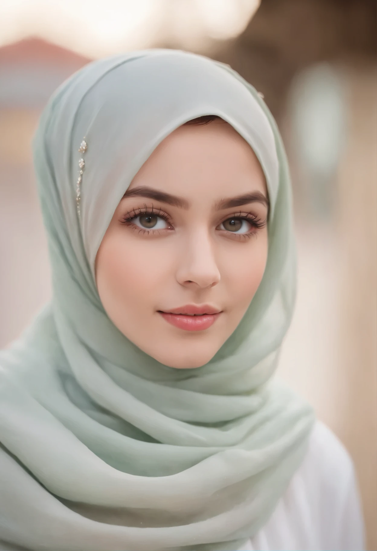 best quality,ultra-detailed,realistic,portrait style,hijab,adorable,beautiful detailed eyes,gently smiling,soft hijab fabric,peaceful expression,lovely cat,fluffy fur,curious eyes,playful pose,delicate paws,bright pastel colors,gentle lighting,peaceful atmosphere