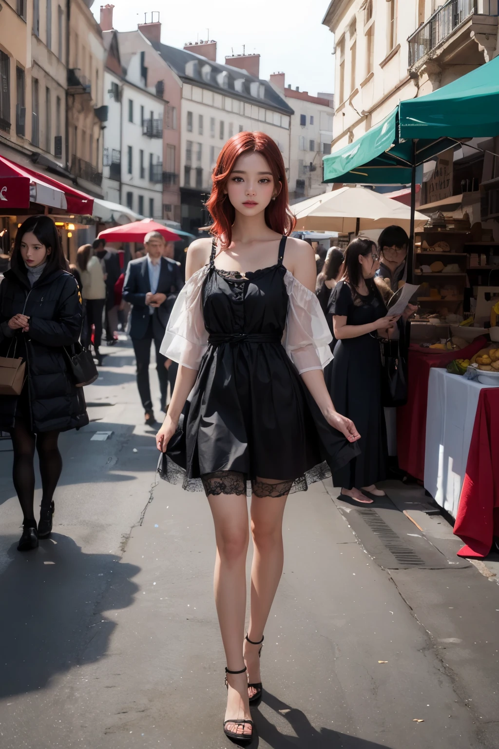 ((best quality)), ((masterpiece)), (detailed), perfect face,red hair,dress,slim,medieval market background,1 woman