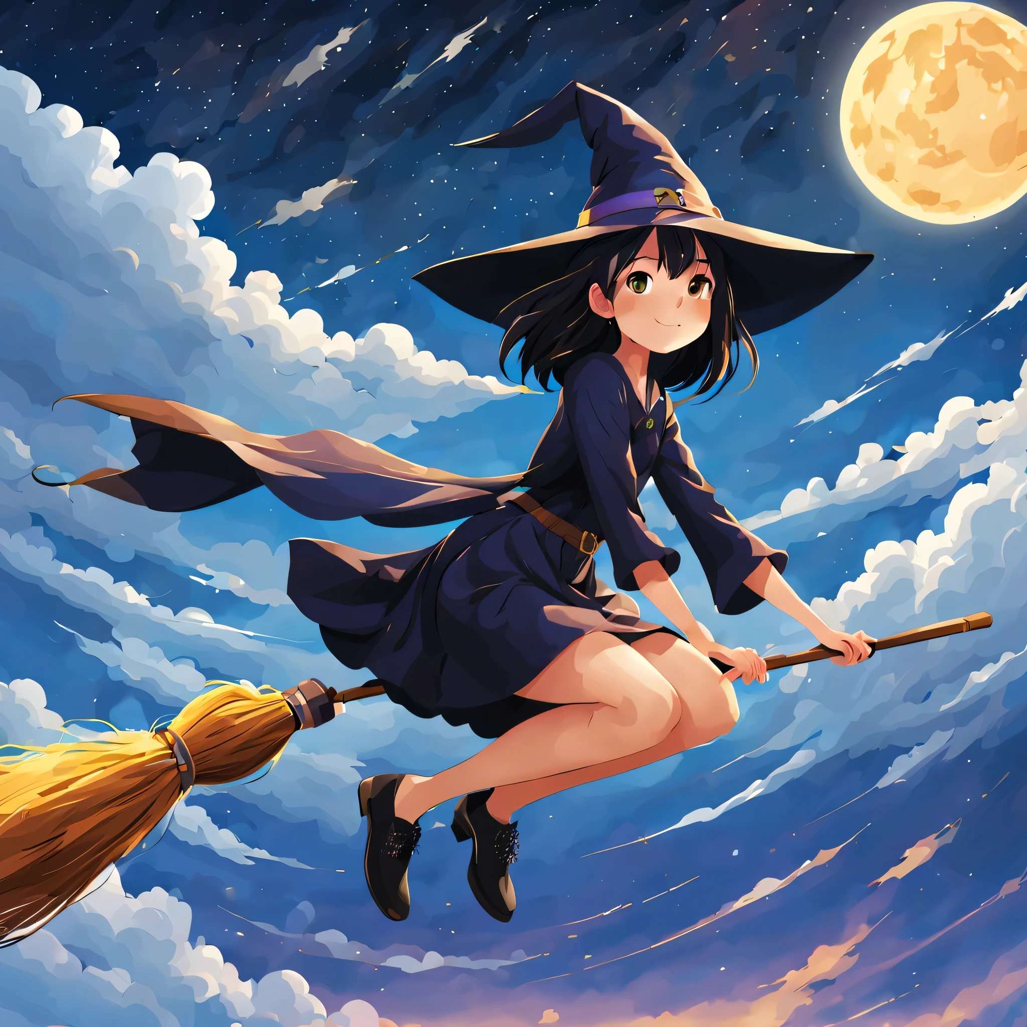 1 girl,Flying Witch,Broom ride,night sky,cloud,star,moon,shine,rich colors,Cast colorful spells,magic effect,be familiar with,beautiful,masterpiece