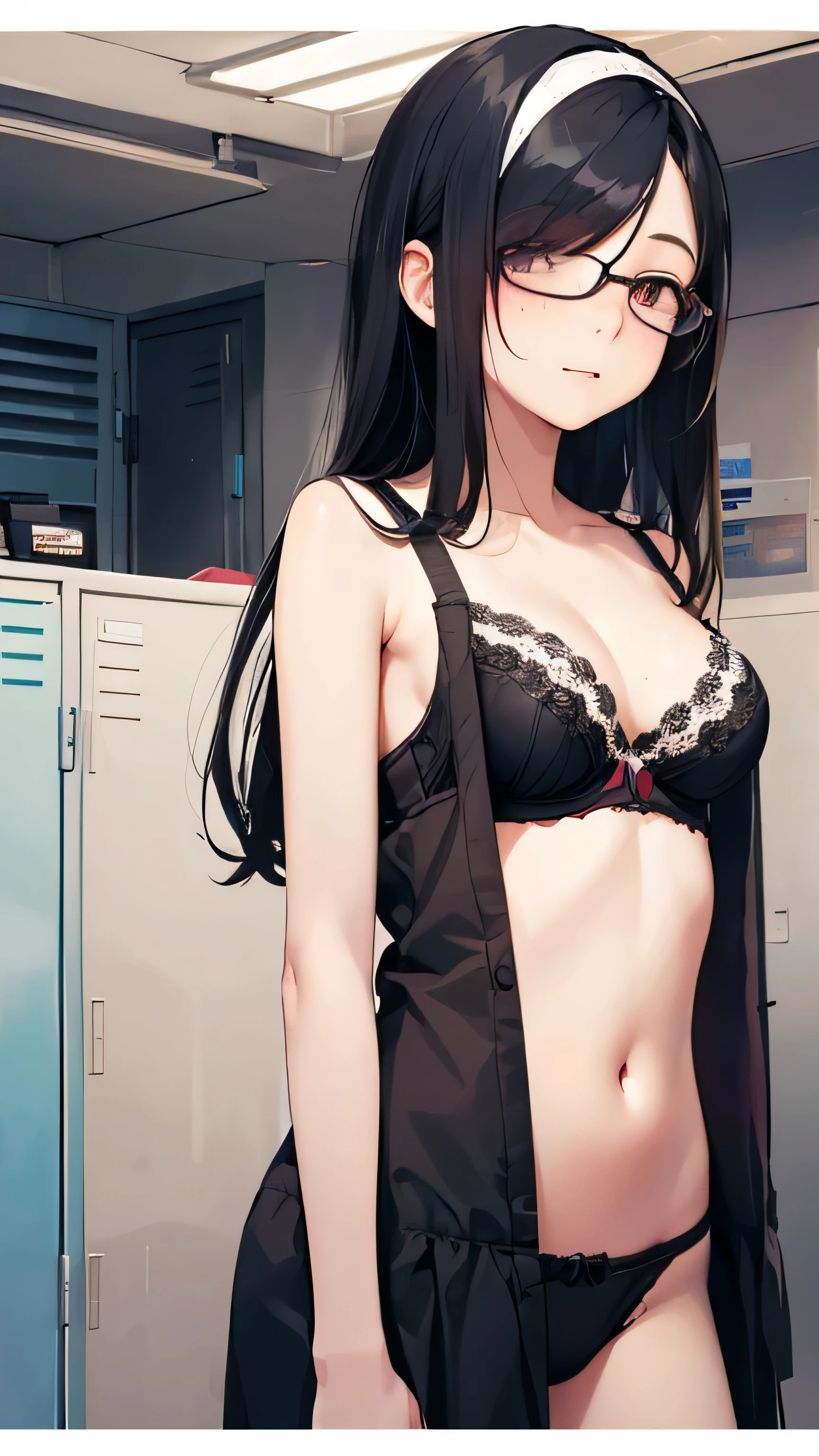 ((((School、locker room、Change of clothes)))、、high school girl、、((((((Taking off your bra))))))(((panties:1.5、flat chest、slender body)))、、low length、((((((Eyes hidden by long bangs:1.2))))))、((([(freckles、long black hair:1.2 hair band))))(((black rim glasses:1.2 black eye)))、locker、looking here、Side view、whole body,official art、High resolution、hyper detail、