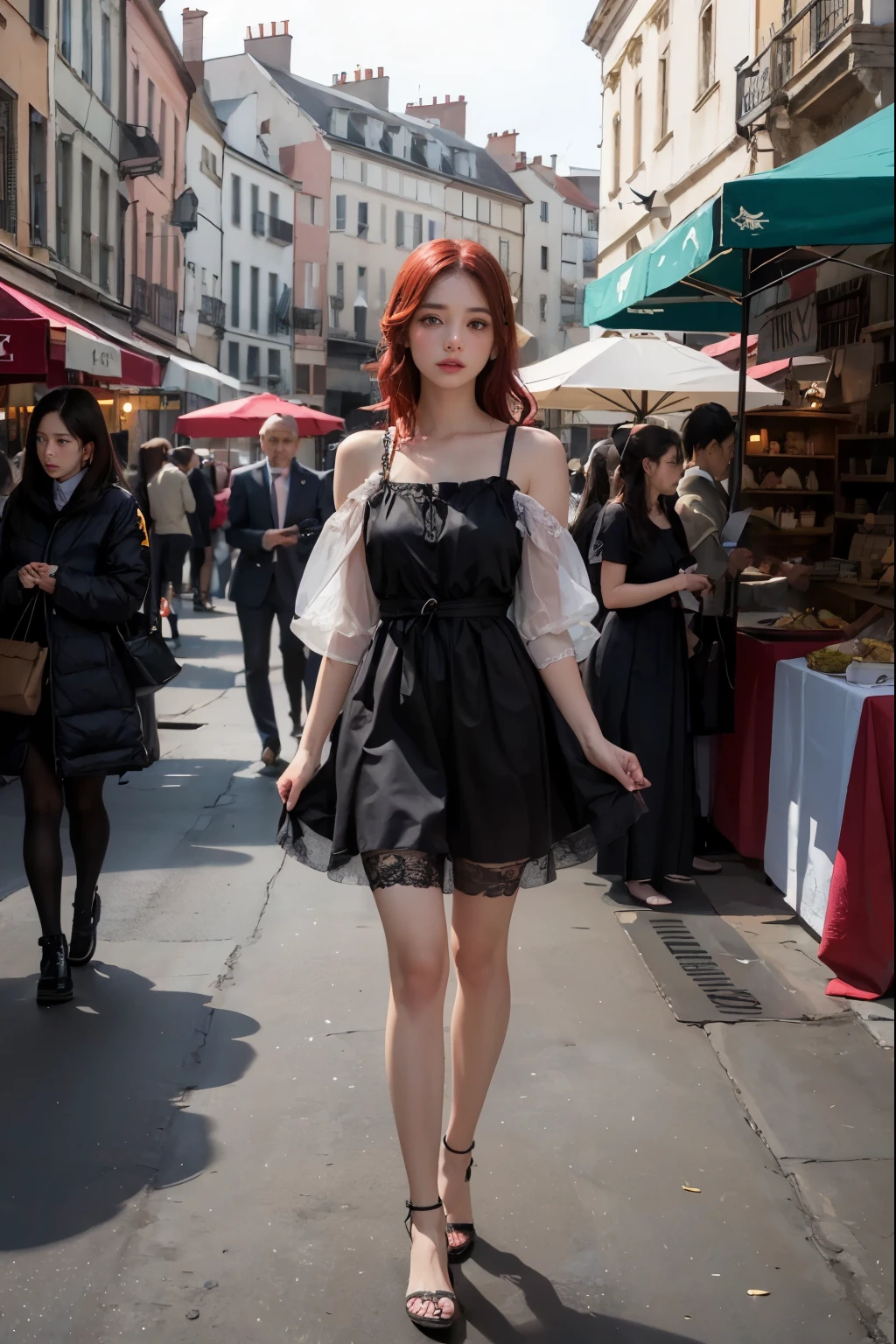 ((best quality)), ((masterpiece)), (detailed), perfect face,red hair,dress,slim,medieval market background,1 woman
