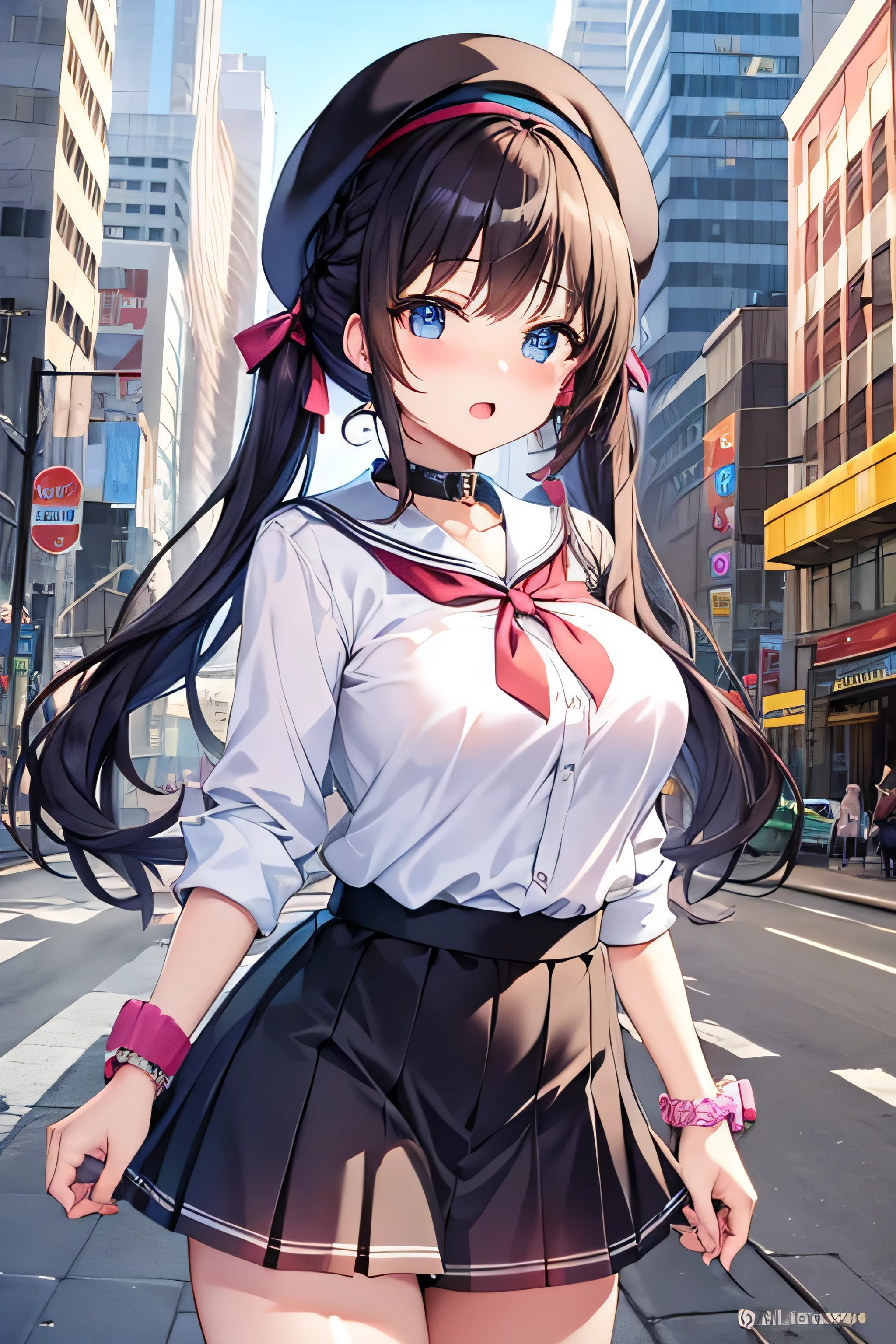masterpiece、Highest image quality、ultra high resolution、big breasted 、twin tail hairstyle、black hair、red face、mock、Open your mouth just a little、Short-sleeved women's clothing that shows the chest、Girls Mini Skirt、girls beret、Skyscraper、outdoors