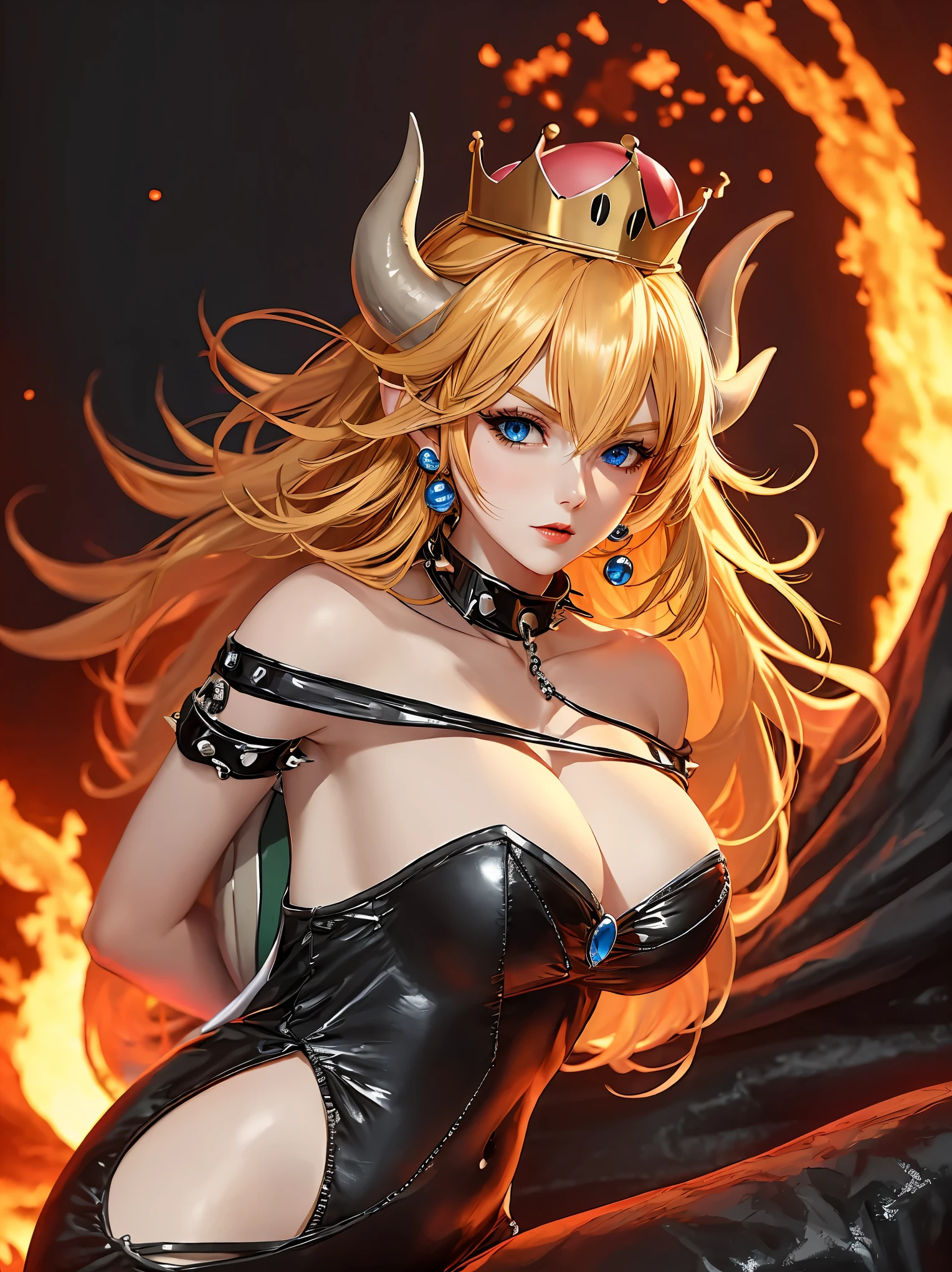 ((high detailed, best quality, 4k, masterpiece, hd:1.3)), ((best quality)), (((HD))), (((8k))), (ultraDH), (ultra HD), Princess Daisy, blue eyes, BREAK blue eyes, seductive, attractive, smooth anime cg art, 36C breasts, long legs, vivid colors, detailed digital art, slim body, perfect skin, dark blonde hair, long hair, blonde hair, blonde hair, BREAK crown, cleavage, 36C cleavage, looking at viewer, BREAK looking at viewer, extremely detailed face, red santa suit, red santa claus suit, santa claus suit, earrings, gem, dark black makeup lips, dark gothic eyeshadows, dark eyeshadows, black eyeshadows, black sexy lips, black lips, (dark:1.2), dark lips, very dark lips, (perfect hands, perfect anatomy), black makeup, black medium lips, black thick lips, detailed fingers, five fingers per hand, 5 fingers, (1 girl), detailed lips, detailed black lips, black painted lips, gothic painted lips, BREAK night, night sky, (breast focus), (arms outstreched:1.2), (from above:1.1), (breasts out:1.3), (off shoulder:1.1), (white horns), (bra), inside a lava castle, she inside a sea of lava, she bathing in lava, full body, perfect long legs, perfect foots, legs and foots into the lava,