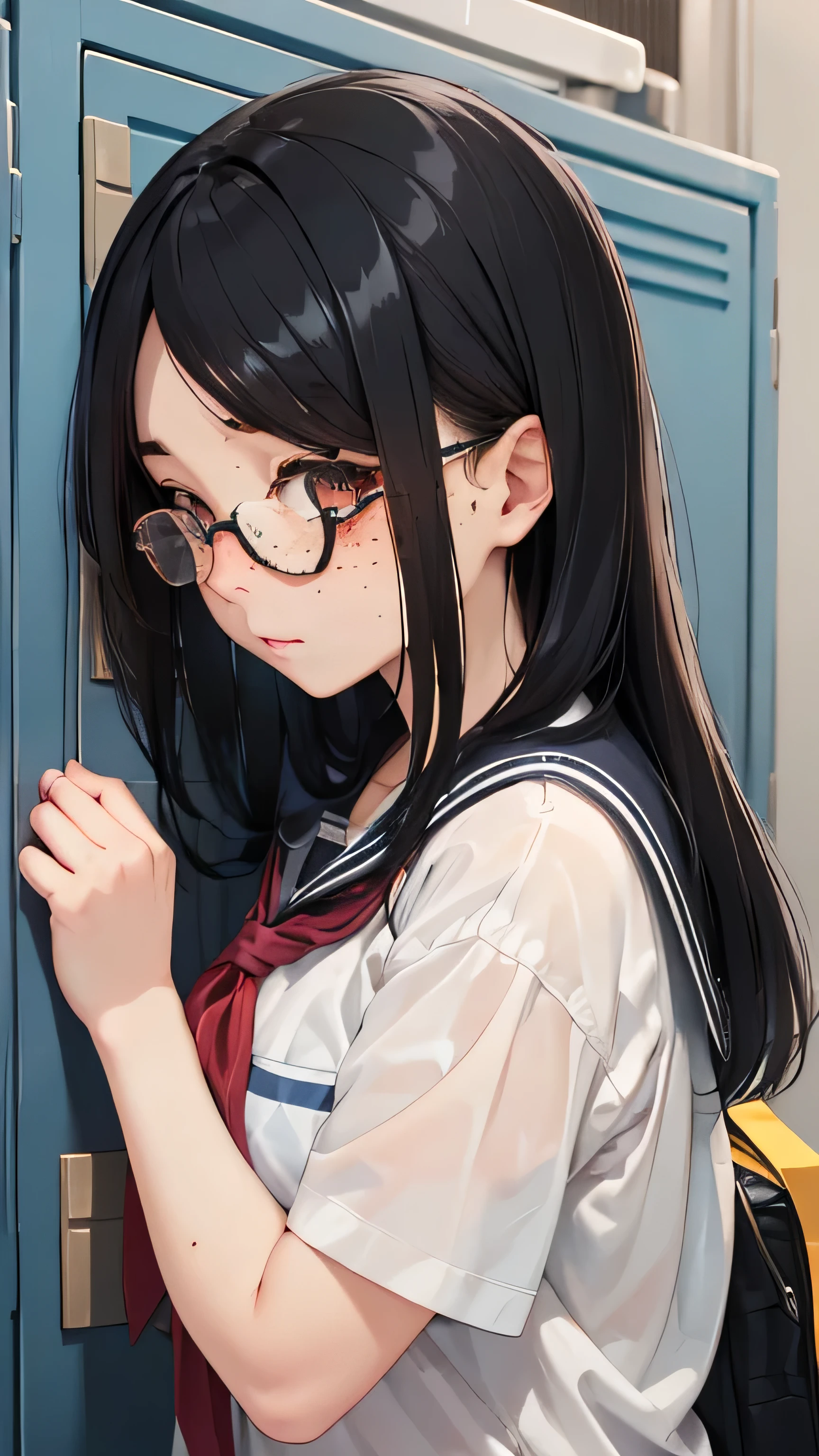 School、locker room、Change of clothes、、high school girl、While taking off your sailor suit、white bra and panties、、low length、(((((Eyes hidden by long bangs)))))、((([freckles:0.8]、long black hair:1.2　hair band)))(((black rim glasses:1.2　black eye)))、locker、looking here、Side view、whole body,official art、High resolution、hyper detail、