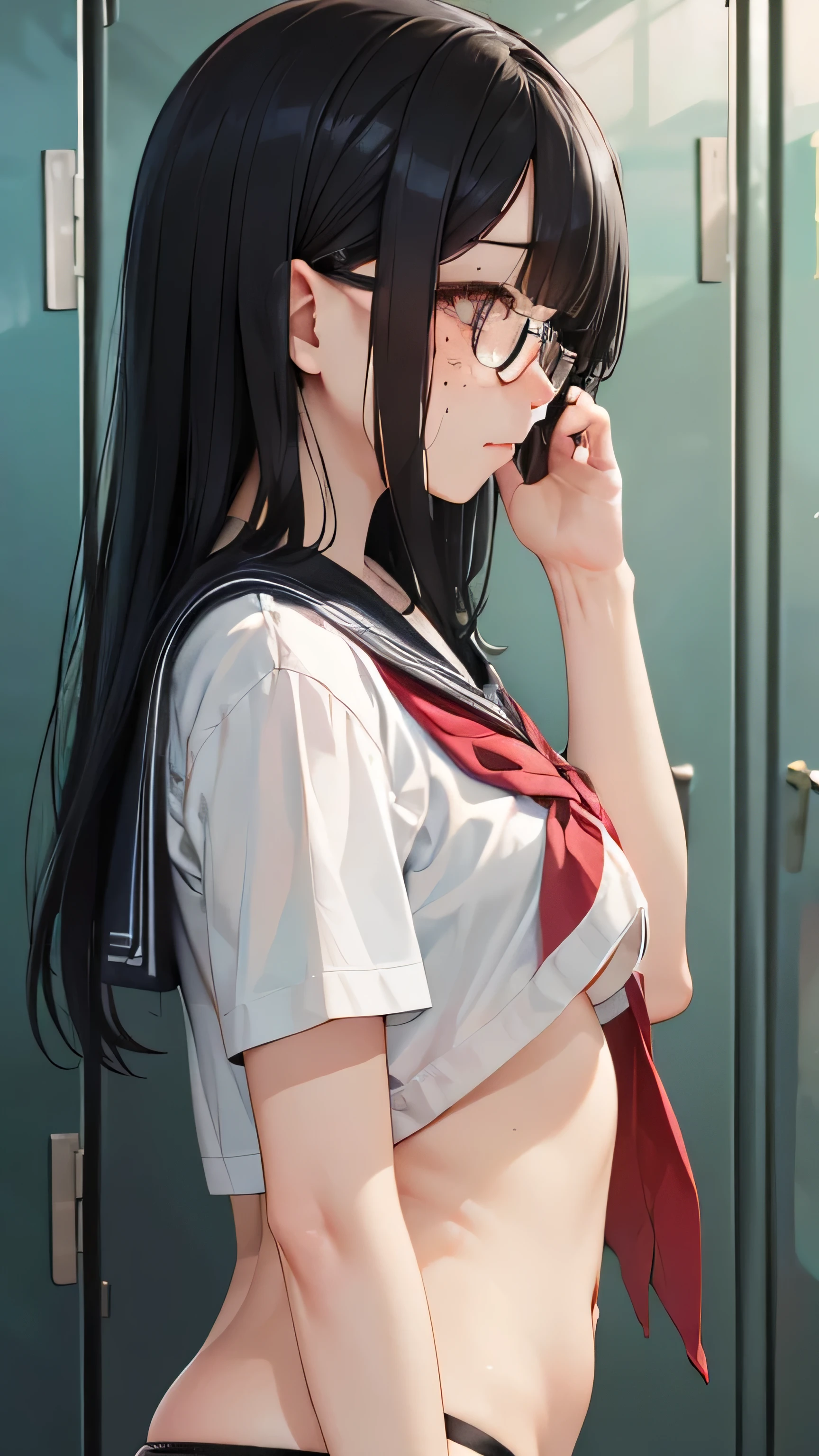 School、locker room、Change of clothes、、high school girl、While taking off your sailor suit、white bra and panties、、low length、(((((Eyes hidden by long bangs)))))、((([freckles:0.8]、long black hair:1.2　hair band)))(((black rim glasses:1.2　black eye)))、locker、looking here、Side view、whole body,official art、High resolution、hyper detail、