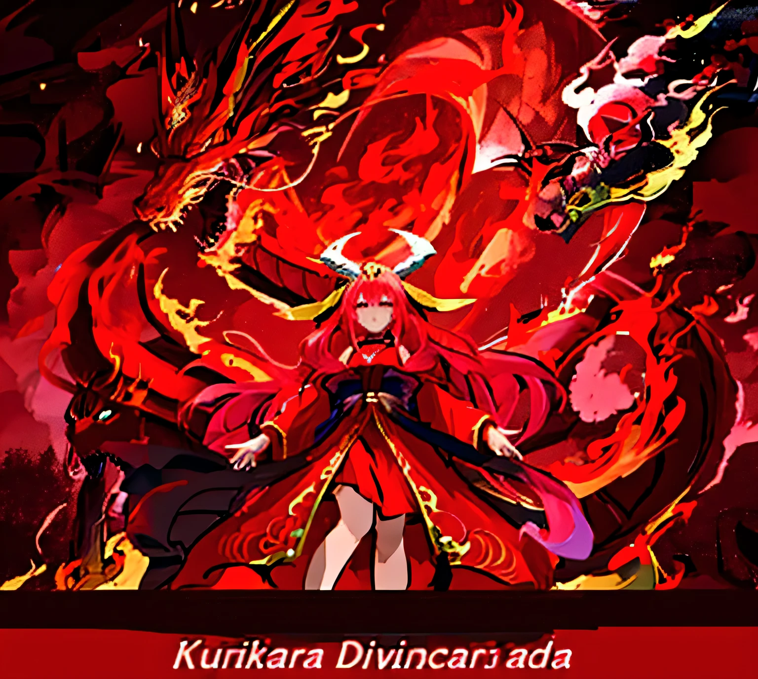 anime character with a dragon and a woman in a red dress, demon mika kurai, divindade de cabelos brancos, puṣkaracūḍa, human and dragon fusion, aparece como a deusa do fogo, chama conjurando blindado, Queen of Dragons, colossal dragon as a background, tensei shitara lodo datta ken, DRAGON LENDARIUS
