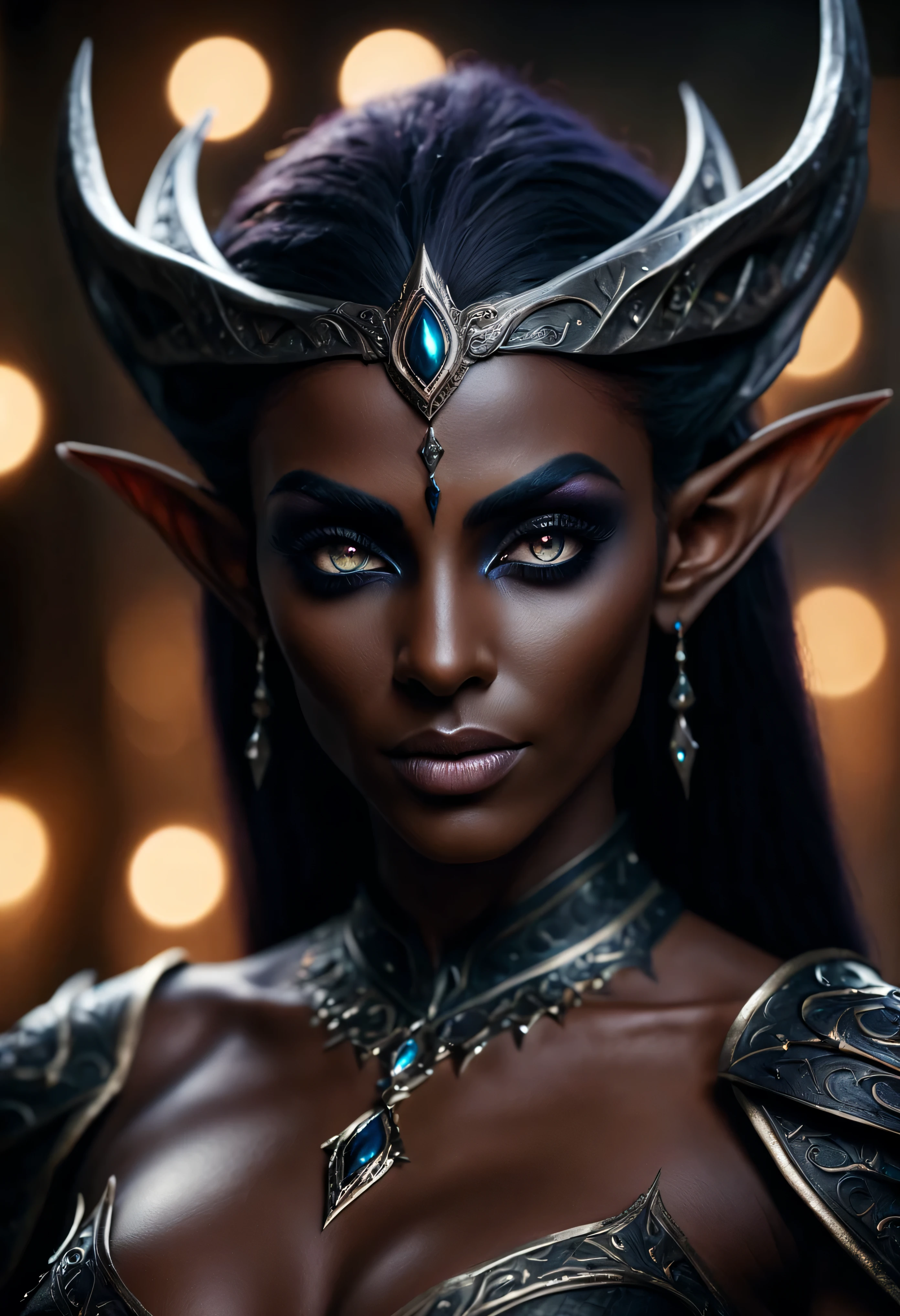 4k highly detailed realistic digital extremely high quality RAW photograph, (a portrait photo of a a fantasy dark elf queen), (beautiful and detailed eyes: 1.1), bimbo, seductive, , large breasts, epic, hyperrealistic, hyperrealism, 8k, cinematic lighting, (f1.8 short focus bokeh)