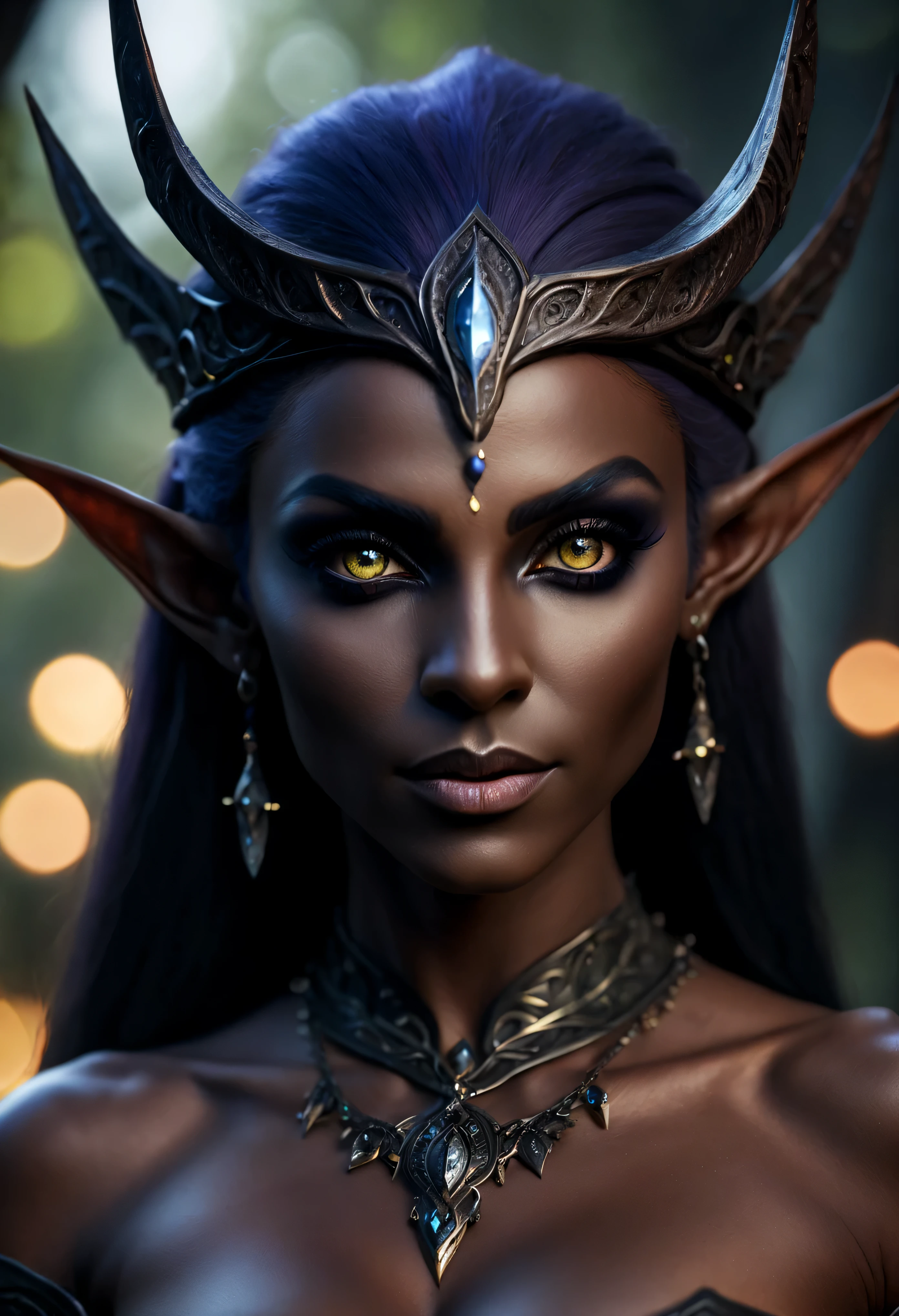 4k highly detailed realistic digital extremely high quality RAW photograph, (a portrait photo of a a fantasy dark elf queen), (beautiful and detailed eyes: 1.1), bimbo, seductive, sexy, large breasts, epic, hyperrealistic, hyperrealism, 8k, cinematic lighting, (f1.8 short focus bokeh)