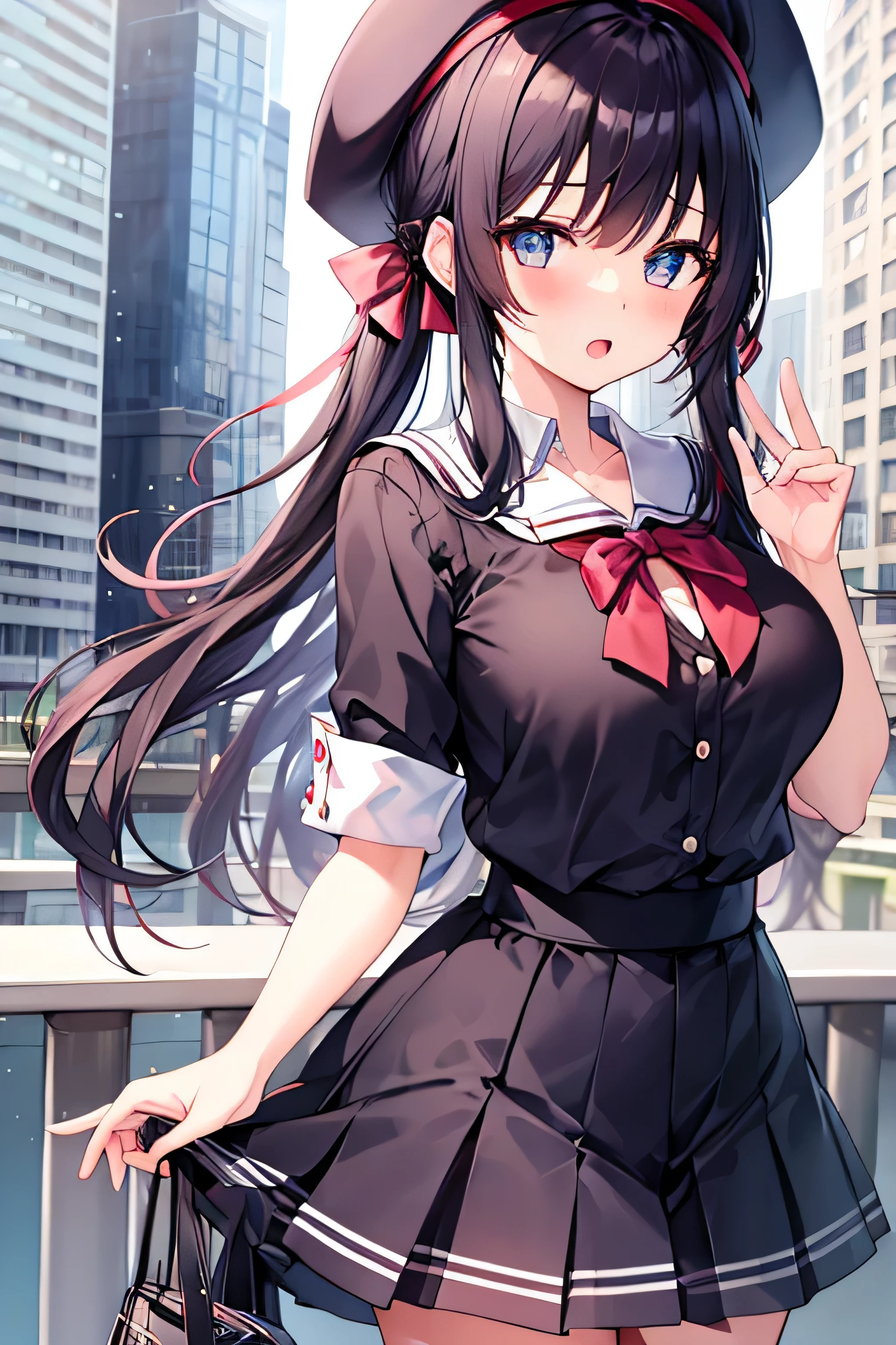 masterpiece、Highest image quality、ultra high resolution、big breasted 、twin tail hairstyle、black hair、red face、mock、Open your mouth just a little、Short-sleeved women's clothing that shows the chest、Girls Mini Skirt、girls beret、Skyscraper、outdoors