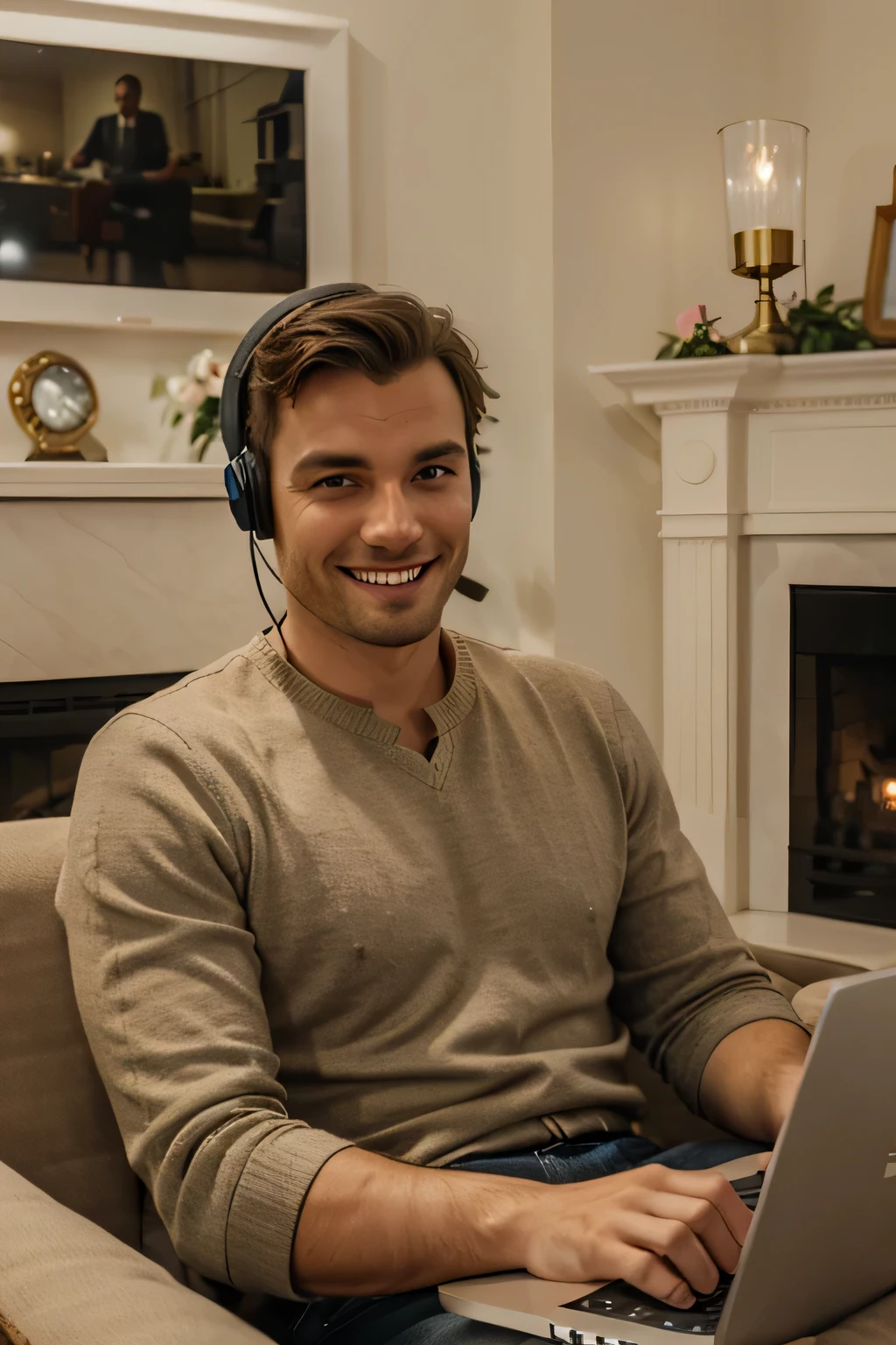 European man with headphones, smile, joy, furniture for home, laptop, a fireplace, sofa, flowers, lamp