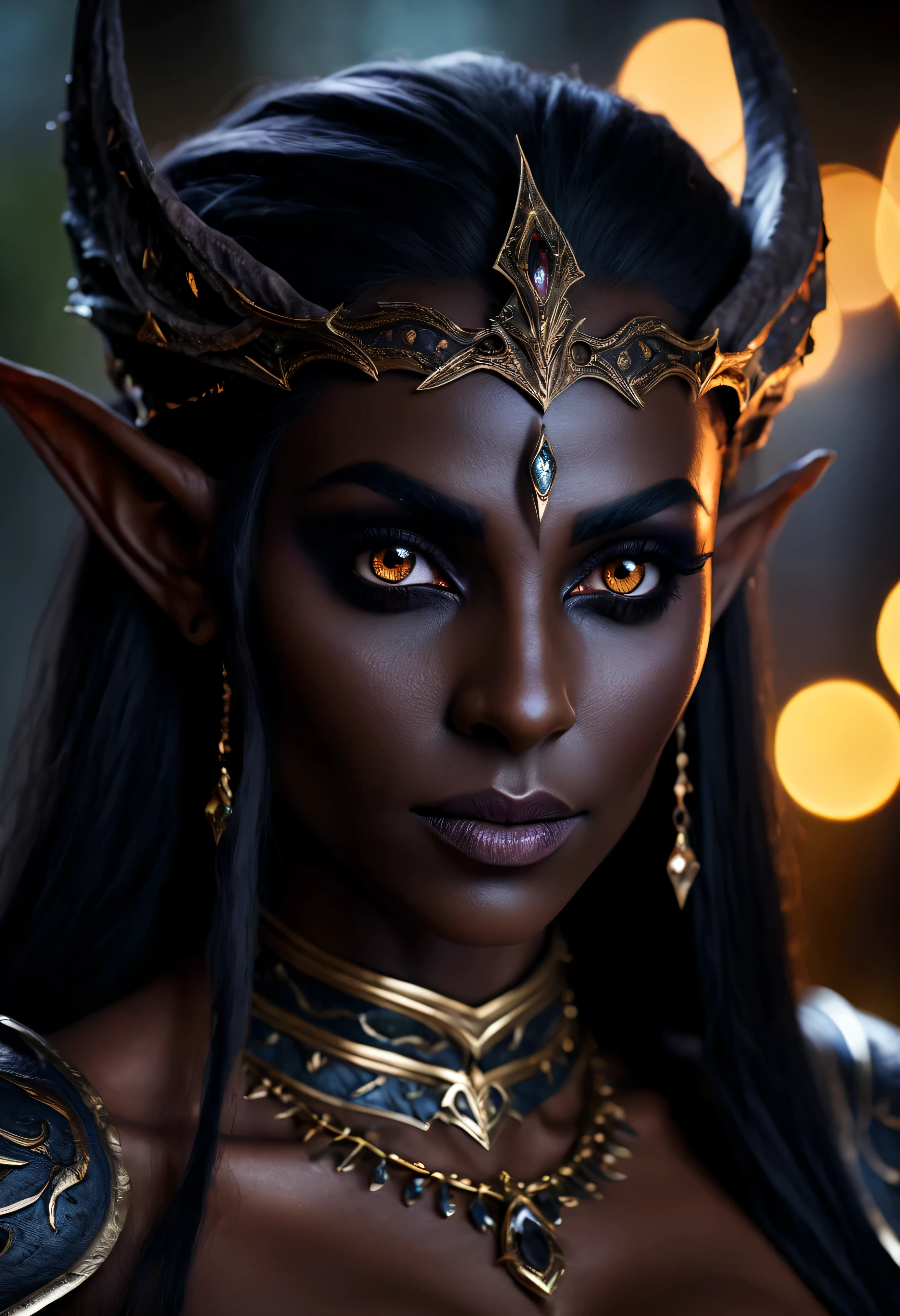 4k highly detailed realistic digital extremely high quality RAW photograph, (a portrait photo of a a fantasy dark elf queen), (beautiful and detailed eyes: 1.1), bimbo, seductive, sexy, large breasts, epic, hyperrealistic, hyperrealism, 8k, cinematic lighting, (f1.8 short focus bokeh)