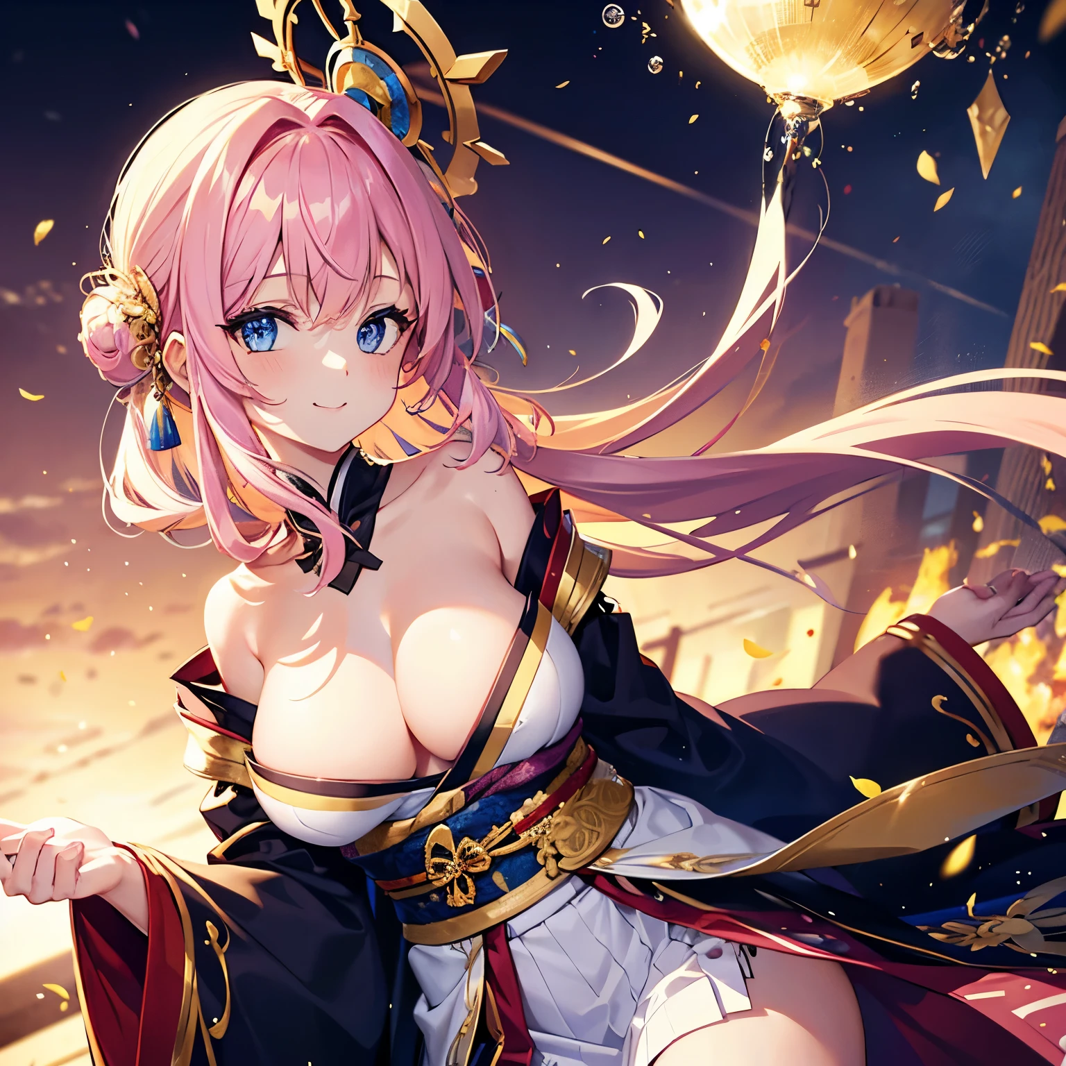 A girl with long pink hair, golden light magic, blue eyes, kimono, bare shoulders, large breasts, smiling.