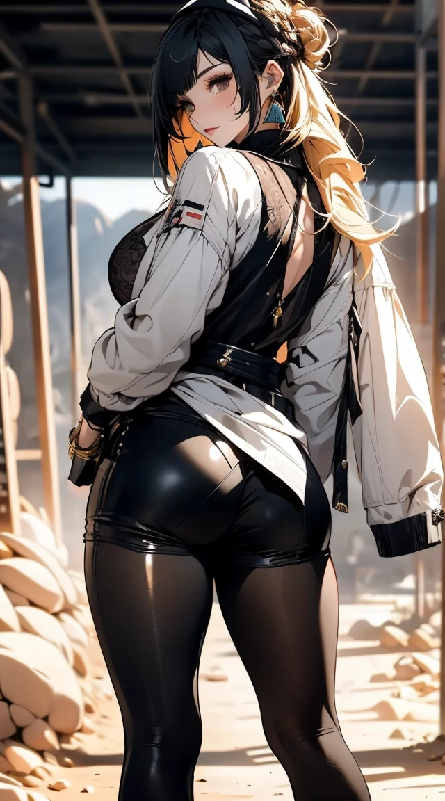 ((in a desert:1.5)), a matured woman with long hair and a white outfit, (resting in oasis:1.2, sitting:0.0), Arabic, Post apocalyps, from arknights, artwork in the style of guweiz, bodyesbian, fine details. girls frontline, beautiful anime illustration, from girls frontline, by Yang J, stunning, 26 years old, (solo:1.5), (sfw:1.25), sagging breast, large breasts, big tits, thin waist, big ass, Raised sexy, (dark mahogany medium long hair, updo, hair over one eye, asymmetric hair, Carly hair, low tied),(musulman, Headscarfs, hair bands, head vandage, Turban), (ultra high resolution, 8K RAW photo, photo realistics, weak outline:1.3, clear focus), best qualtiy, natural lighting, blurry back ground, field depth, (Bright pupils, detailed beautiful eyes, high detailed face), Red lip, looking at viewers, (tight focus:1.2, from above), sexy posing, seductive weak smiling, center image, (wearing white long jacket and clothes, wearing short pants, gold ornaments, white clothes rolling around waist, camel-brown long leather boots, translucent lace pantyhose), ((correct anatomy:1.5)), ((outdoor:1.2)),