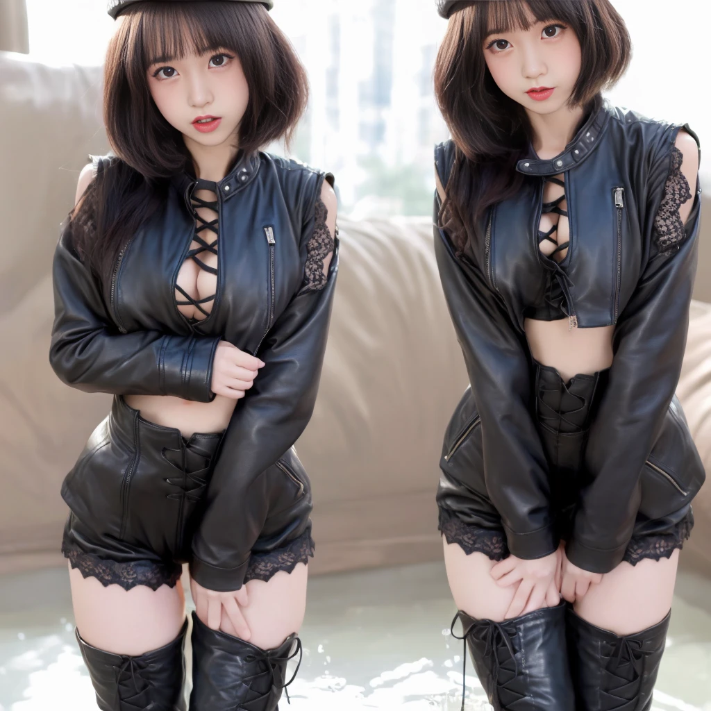 High resolution, 1 beautiful woman, high detail, good lighting, despicable, hentai, beret、(((Motorcycle jacket on bare skin))), (Fitted high-leg leather shorts), delicate upper body、Muscular lower body、slender upper body、(((lace up boots))), (wet shorts), (((Peeing))), (pee), （Pee flows from the crotch）, (puddle), (((thick thighs))), (nice long legs), lipstick, cute face, sexually aroused, (full body shot), ((大勢の女性がPeeingしている公共の場で))