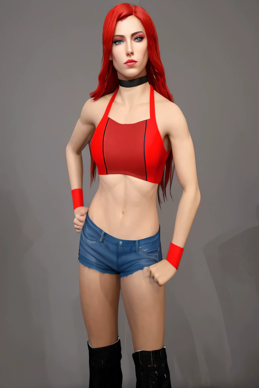 ((masterpiece, best quality)),arafed woman in a red wrestling top and blue jean shorts posing for a picture, red waist-long hair, posing ready for a fight, posing for a fight intricate,top and shorts streetwear, tanny skin, asuka, fight pose, inspired by Rowena Meeks Abdy, , photo realistic, intricate details
