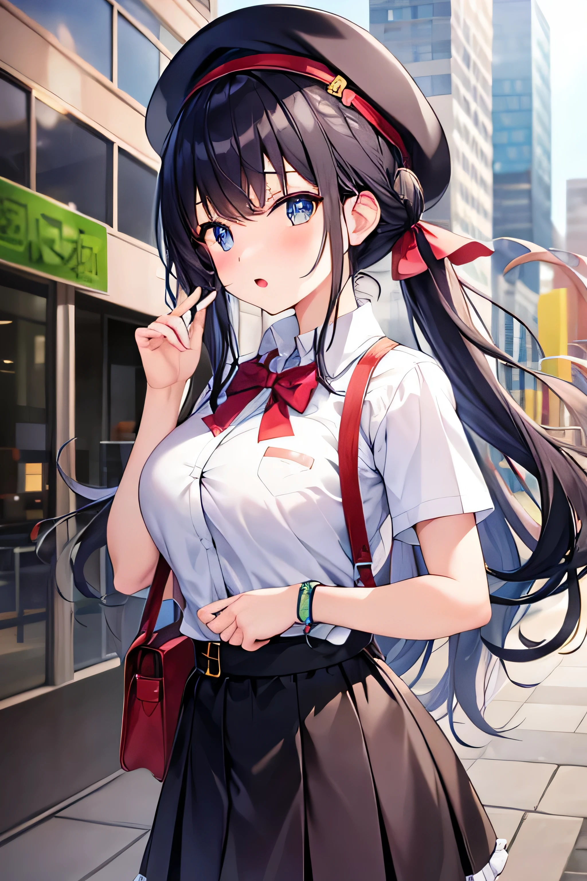 masterpiece、Highest image quality、ultra high resolution、big tits girl 、twin tail hairstyle、black hair、red face、mock、Open your mouth just a little、Short-sleeved women's clothing that shows the chest、Girls Mini Skirt、girls beret、Skyscraper、outdoors