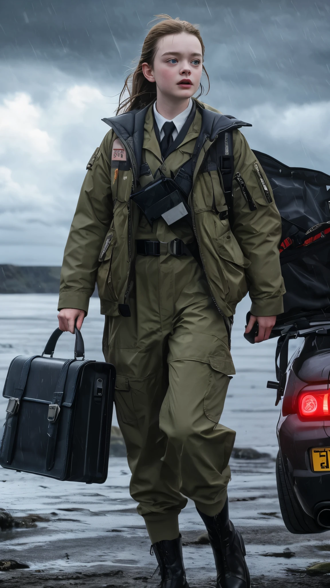 13 year old Elle Fanning, carrier uniform, storm rain, metal briefcase backpack, Death Stranding world