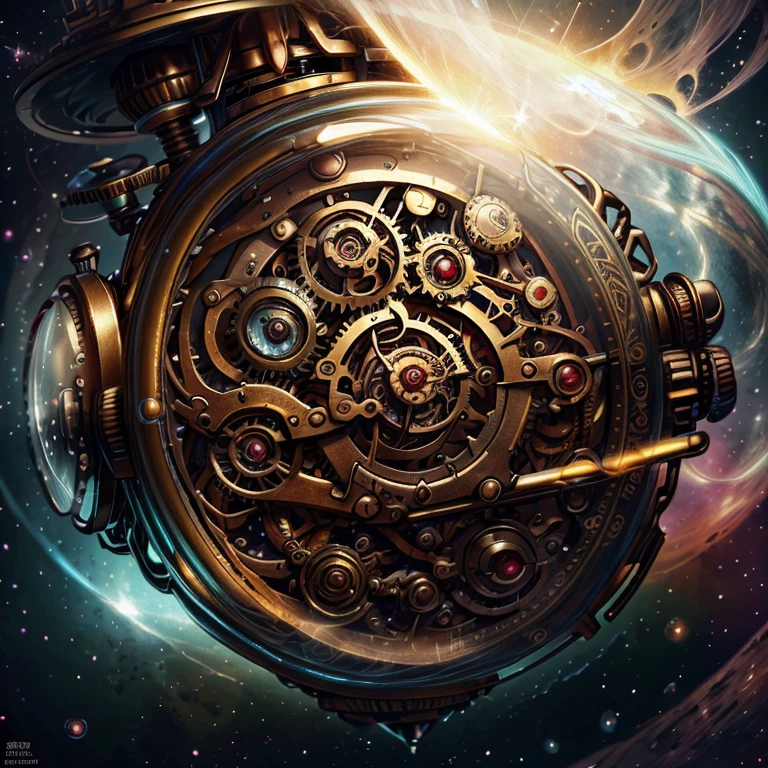 A steampunk space-time pocket watch with a stream of universes flowing into and out of it. The crystal glass surrounding the watch face has fractures within it from broken time. Glass like falling stars spills from the universal watch. 8k resolution holographic astral cosmic illustration mixed media by Pablo Amaringo