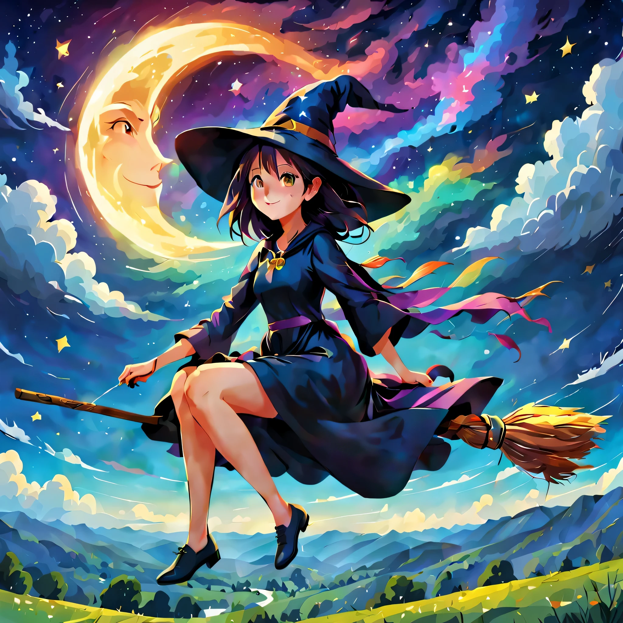 1 girl,Flying Witch,Broom ride,night sky,cloud,star,moon,shine,rich colors,Cast colorful spells,magic effect,be familiar with,beautiful,masterpiece