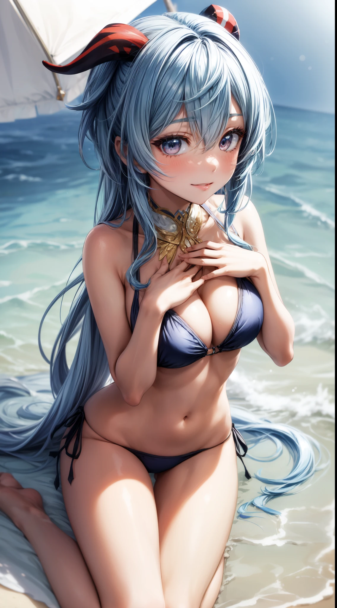 anime, beautiful face, highly detailed face, 2 accurate legs, detailed eyes, highly detailed beach background, perfect lighting, best body lighting, 1girl, solo, ganyu, genshin impact, outdoors, (beautiful light blue hair:1.2), absurdres, high res, ultrasharp, 8K, masterpiece, naked legs, looking at viewer, teasing smile, BREAK (detailed sexy beach bikini:1.2), all intricate lace, (elegant pose:1.2), (bending over towards camera:1.2), (extremely close up:1.3), (hands on chest:1.2)