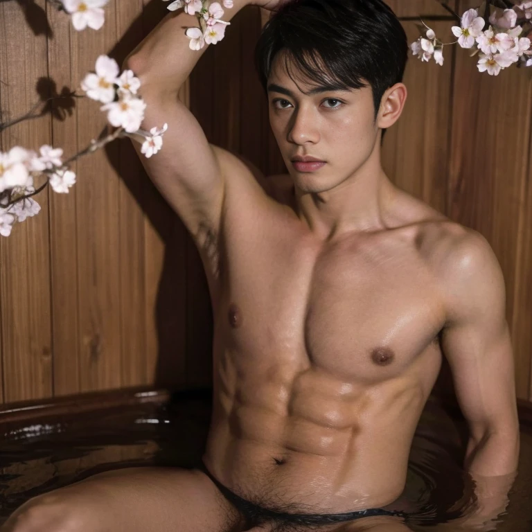 Photo Realistic, Masterpiece, Intricate details, Detailed background, Depth of field, Handsome male (Japanese man), Fun Aechu, Onsen, bathing, (18 years old), Dynamic pose, cherry blossom, fundoshi, nude , naked  , penis, sexy facial expression, Expressive, various poses , sexy , nsfw , eroticism, 2boys  