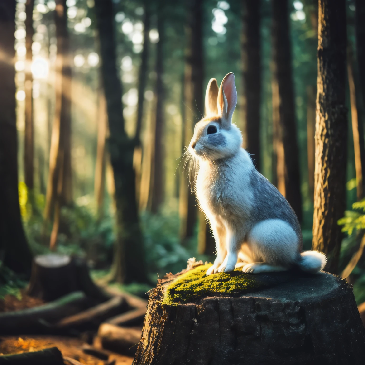Intricate photo of a beautiful rabbit sitting on a stump in a dark forest, Side view, high quality, pose in the sunlight, carrot、high resolution、real、3d、mysterious、