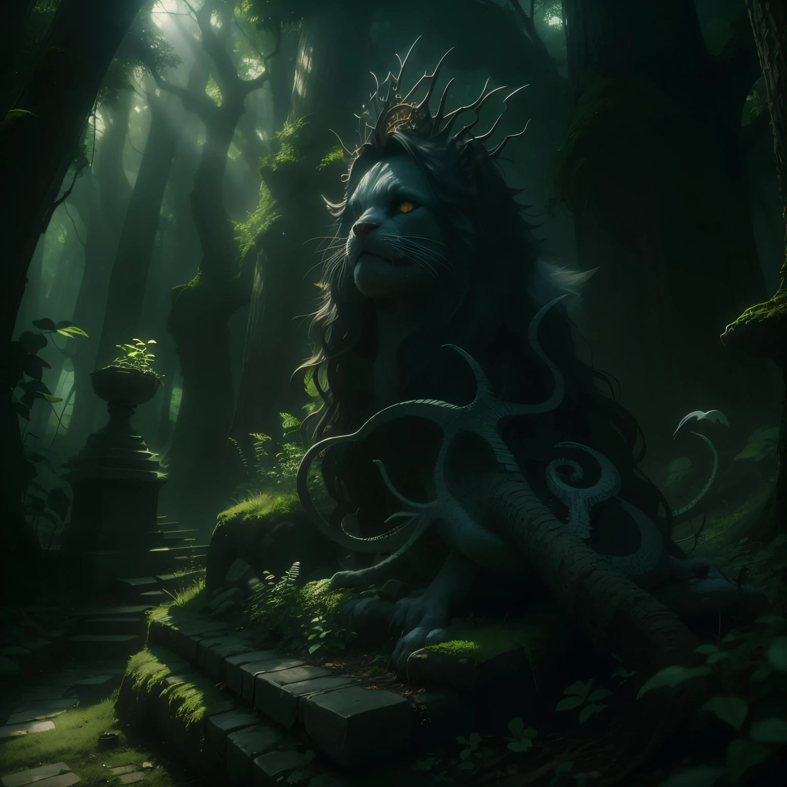 Uma floresta encantada, filme de terror, labirinto do fauno, dark art, dramatic light, Gothic art, cinematic lighting, god rays, ray tracing, UHD, masterpiece, super detail, high details, award winning