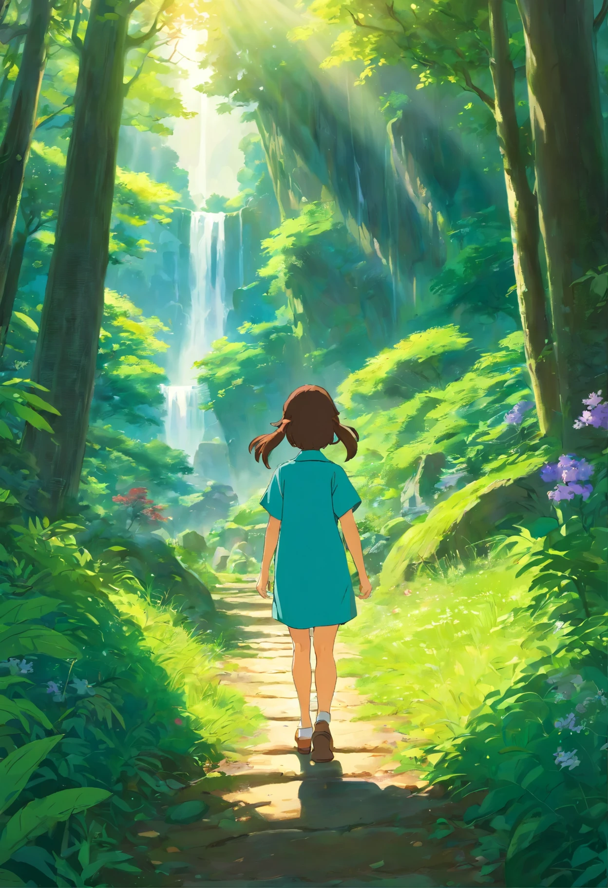 A young girl walking in a lush forest of America during the day, with sunlight filtering through the canopy. In the distance, instead of city lights, she is captivated by the vibrant colors of wildflowers and the serene beauty of a cascading waterfall. The scene is captured in a back shot, depicted through a digital painting with highly detailed foliage and natural elements.