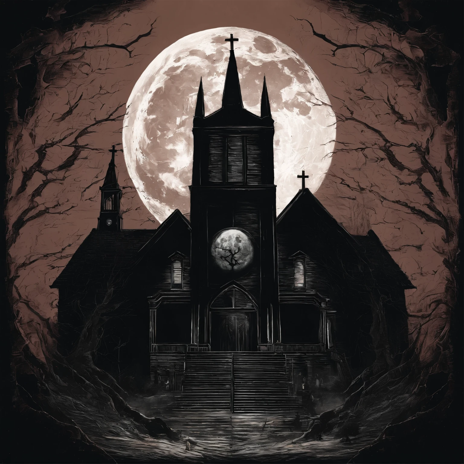 Western poster,red tint,A huge white moon illuminates a Western-style church,above the church,inverted cross,Many believers in black robes are praying