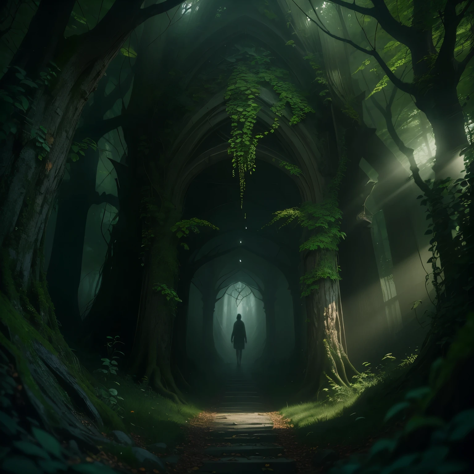 Uma floresta encantada, filme de terror, labirinto do fauno, dark art, dramatic light, Gothic art, cinematic lighting, god rays, ray tracing, UHD, masterpiece, super detail, high details, award winning