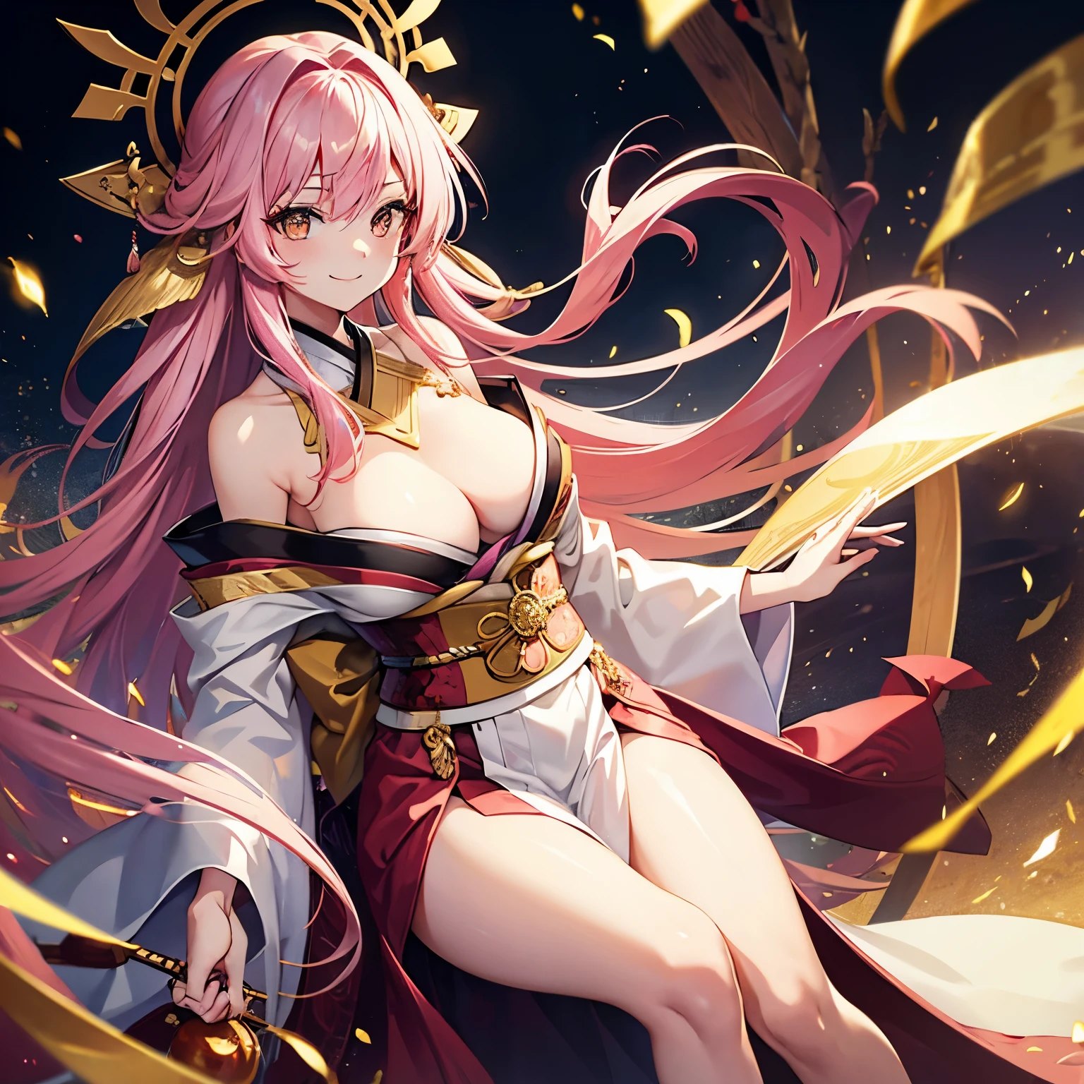 A girl with long pink hair, golden light magic, bright golden eyes, kimono, bare shoulders, large breasts, smiling.