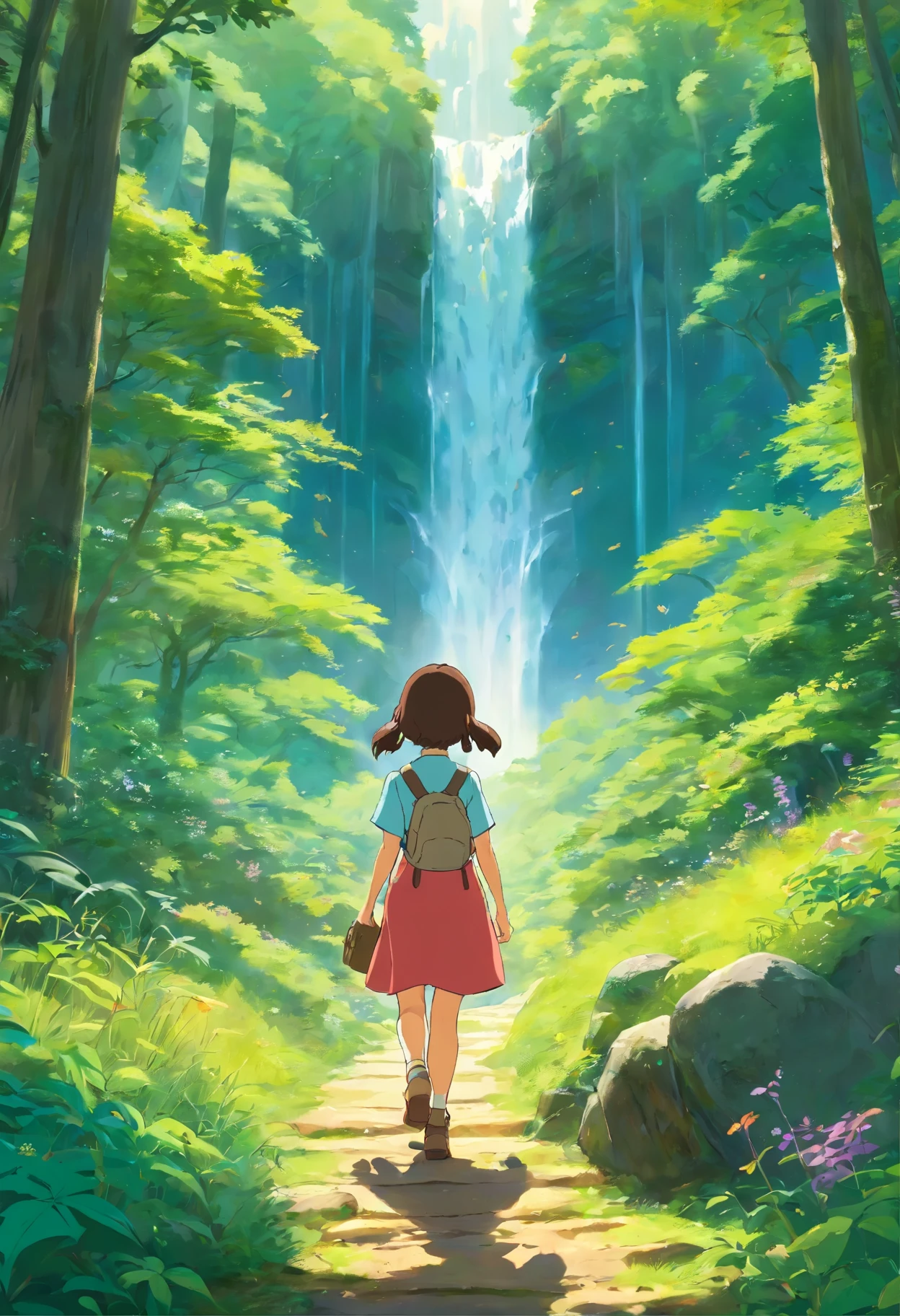 A young girl walking in a lush forest of America during the day, with sunlight filtering through the canopy. In the distance, instead of city lights, she is captivated by the vibrant colors of wildflowers and the serene beauty of a cascading waterfall. The scene is captured in a back shot, depicted through a digital painting with highly detailed foliage and natural elements.